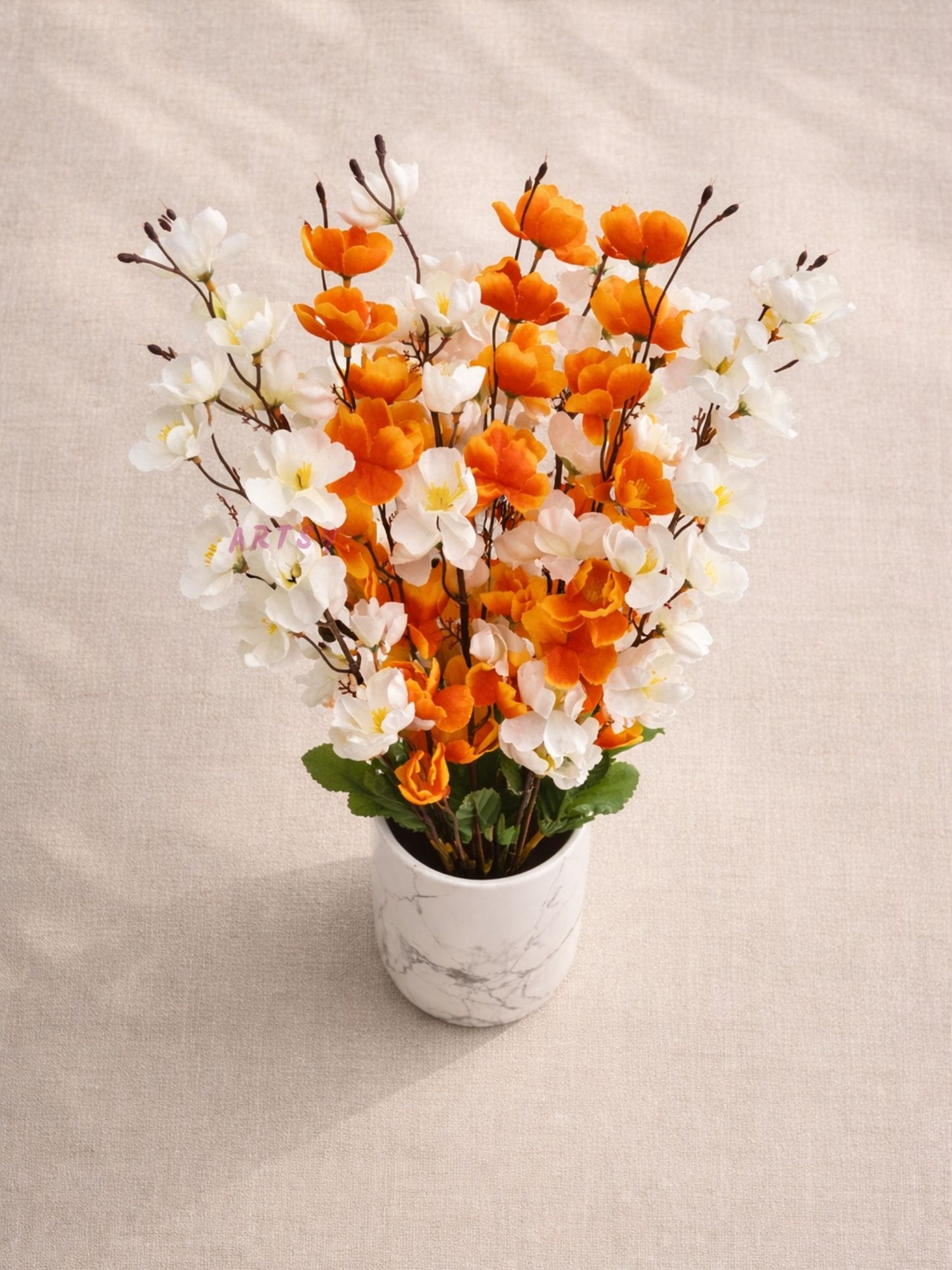 ArtsyDecor Premium Orange & White Artificial Blossom Stem for Home Décor | Realistic Flexible Floral Branch (55 CM, Pack of 1)