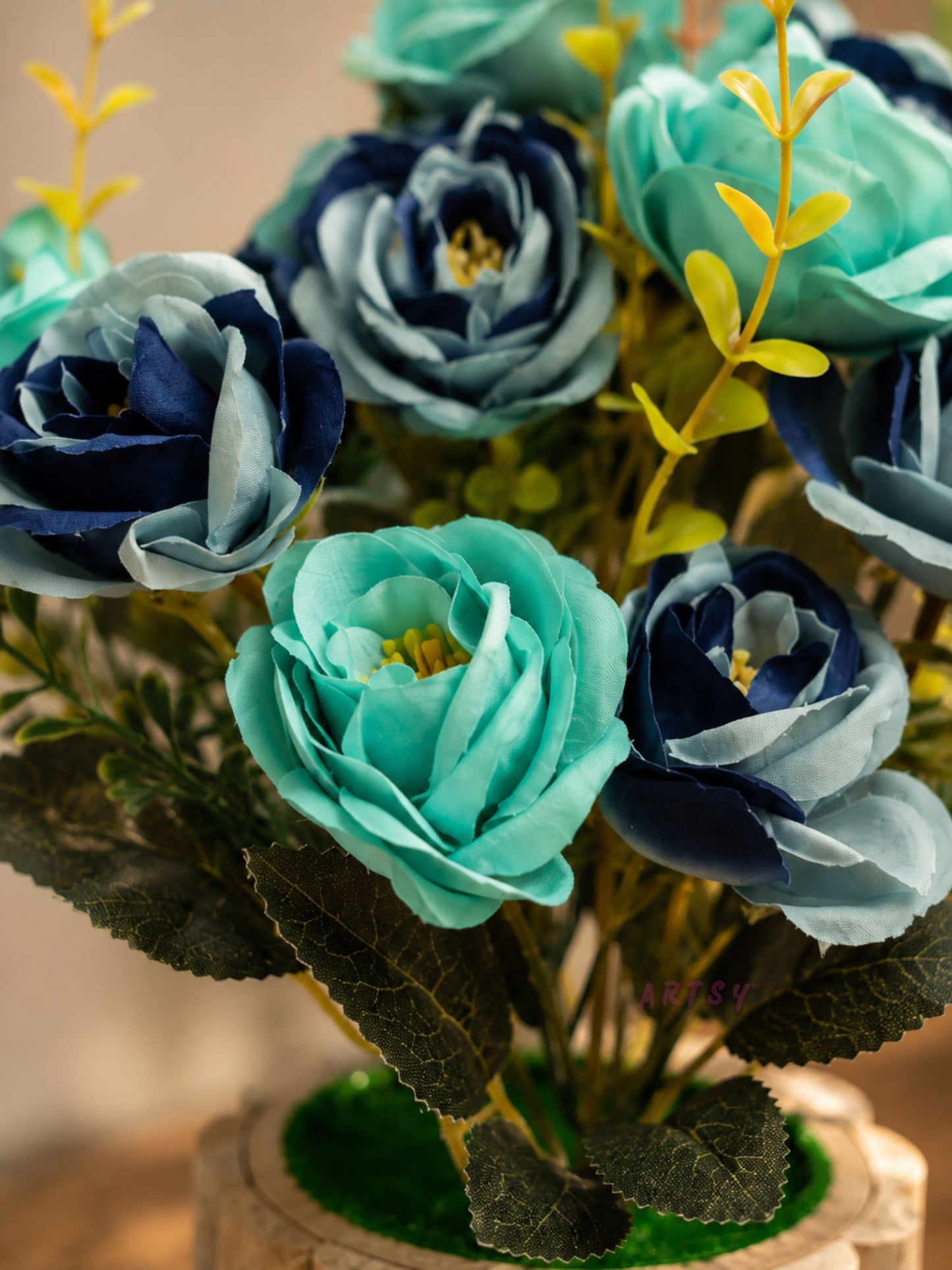 Luxury Artificial Rose Flower Pot – Premium Teal & Navy Floral Home Decor Arrangement, Pack of 1