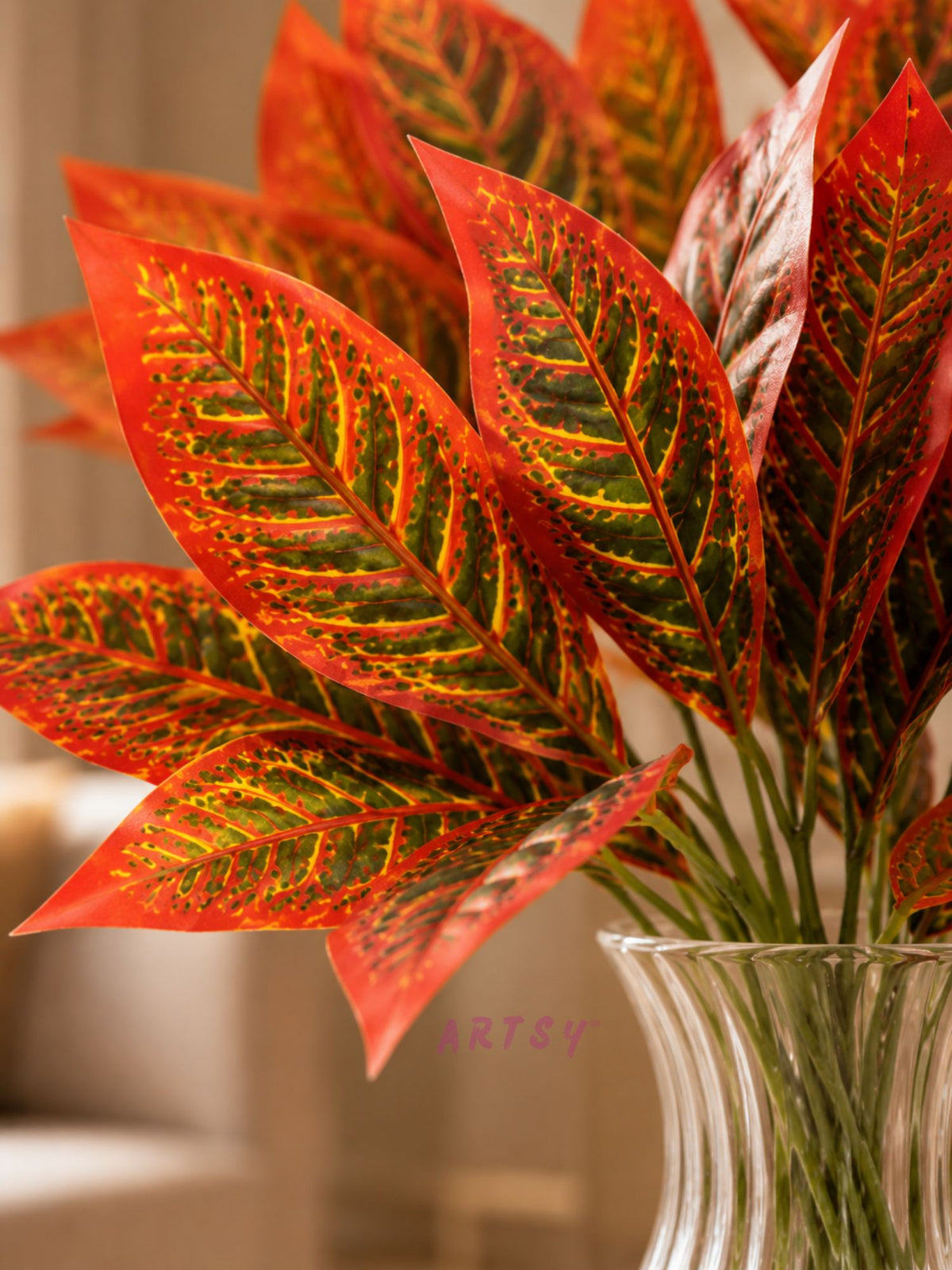ARTSY Artificial Croton Leaf Stems Pack of 2 | Realistic Decorative Faux Foliage for Indoor Home Décor & Flower Arrangements