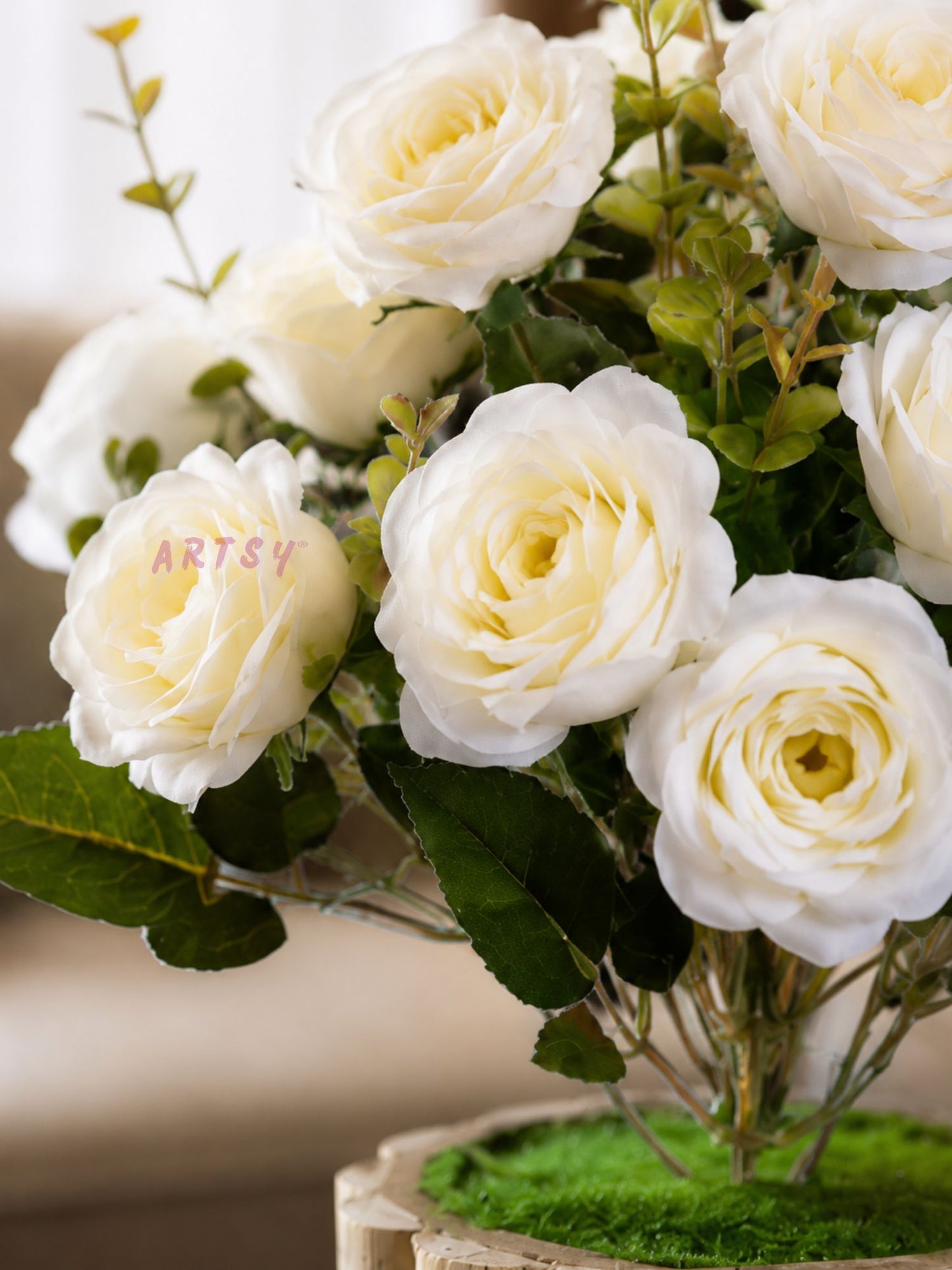 Elegant White Rose Artificial Flower Arrangement with Rustic Wooden Planter, Pack of 1