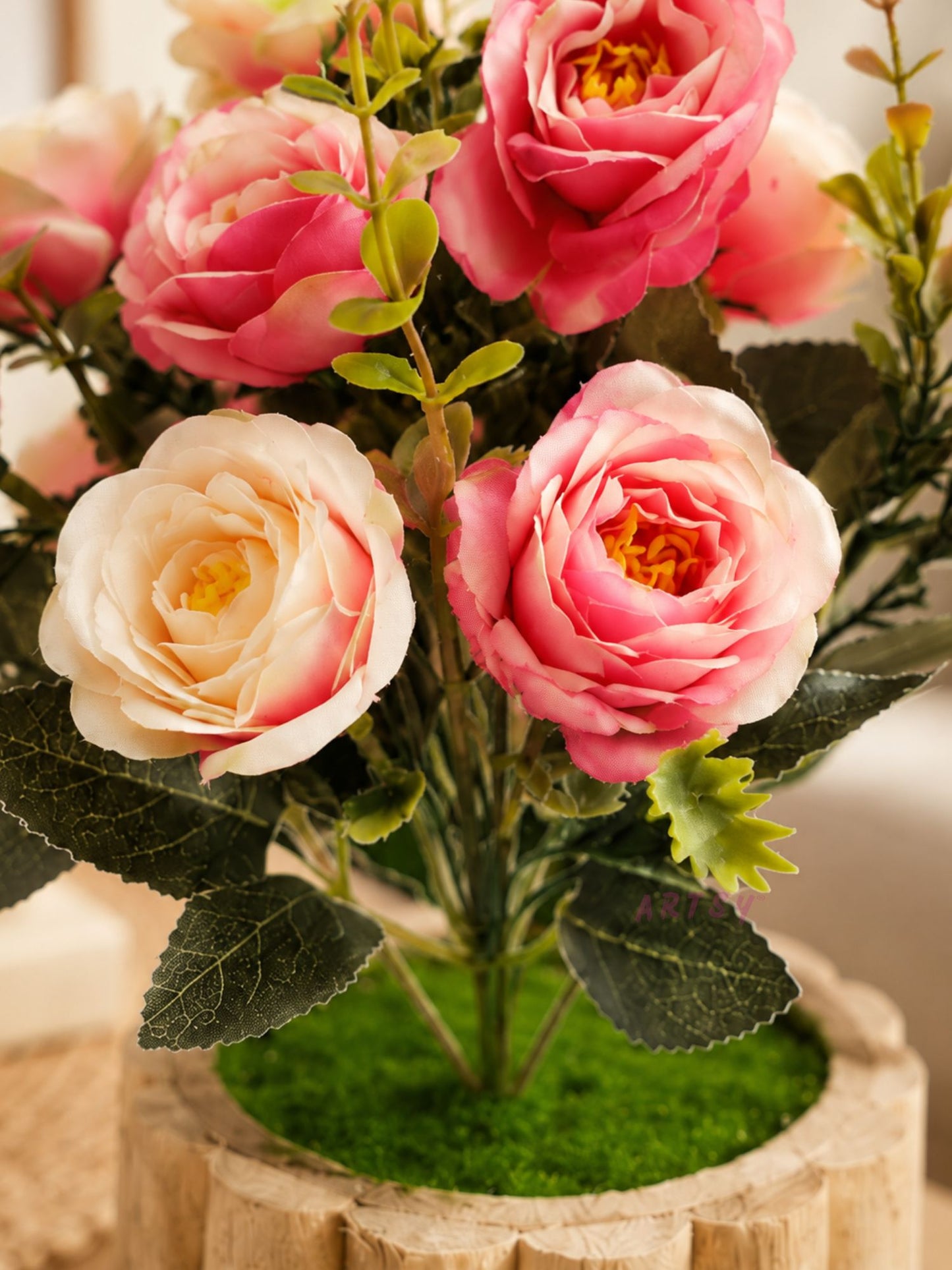 Luxury Artificial Rose Flower Arrangement with Rustic Wooden Pot for Home Decor, Pack of 1