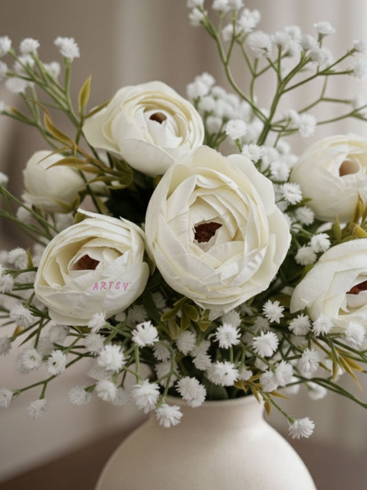 ARTSY Artificial Peony Flower & Baby Breath Flower Bunch Set (Pack of 3) | Faux Silk Flowers for Home Decoration, Wedding, Vase Arrangement & Table Centerpiece