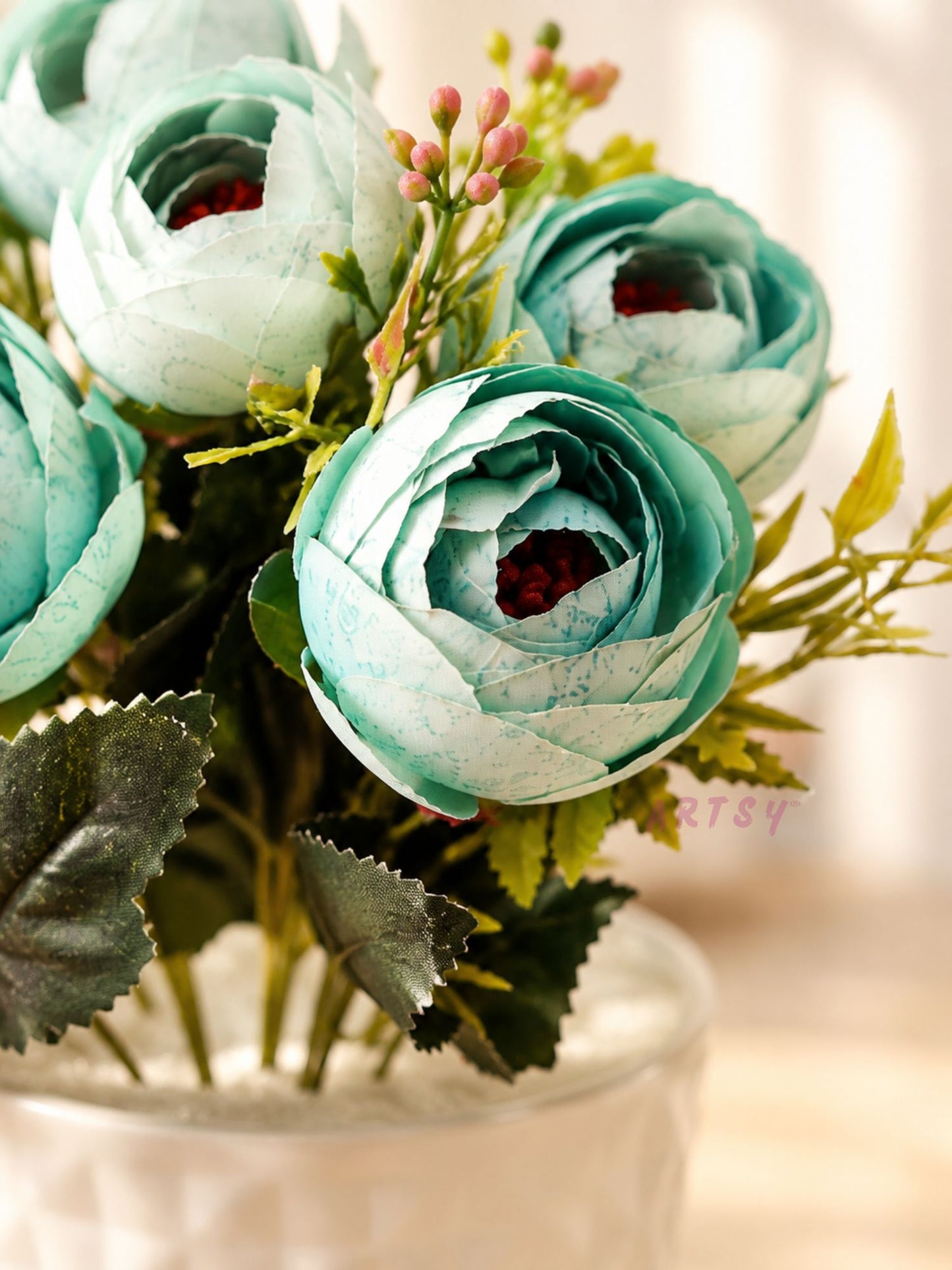 ARTSY® Artificial flowers with pot for Home decoration, table top, office decor, peony flowers, craft, gift, 35 cm height, Green, Pack of 1 Piece
