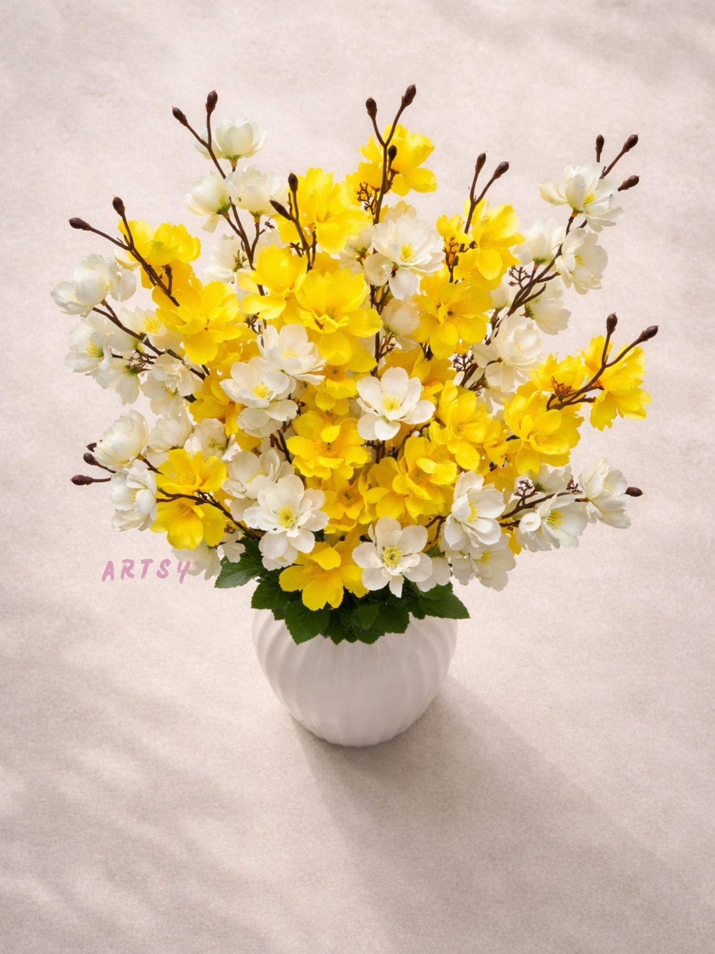 Artificial Cherry Blossom Flower Bunch (White & Yellow) – Elegant Decorative Floral Bunch