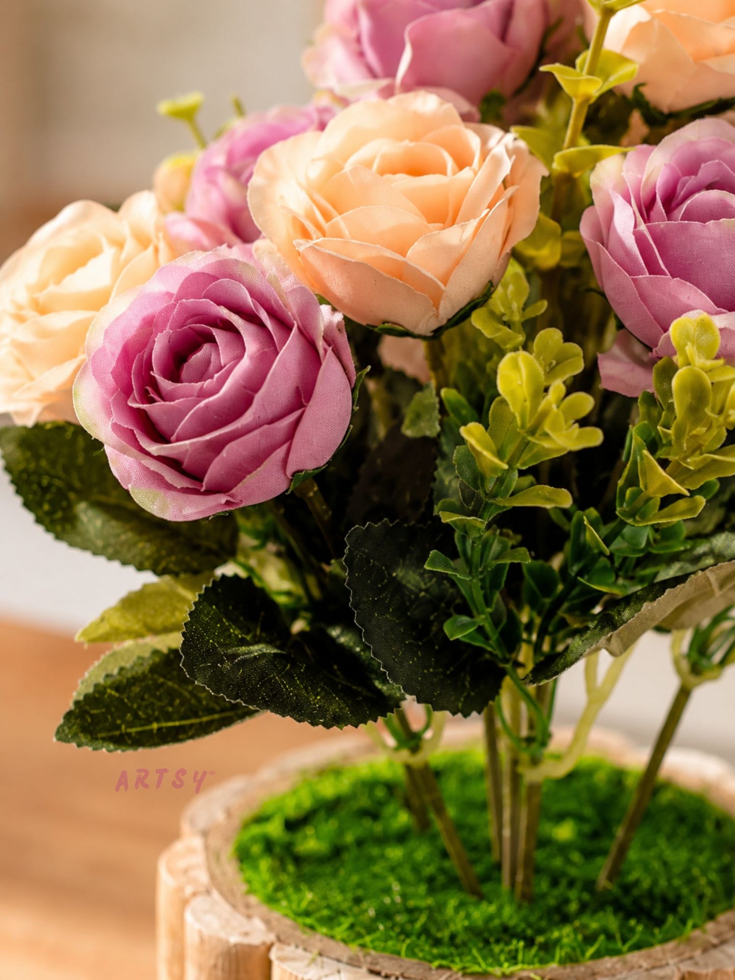Luxury Artificial Rose Bouquet with Rustic Wooden Planter for Home Decor, Pack of 1