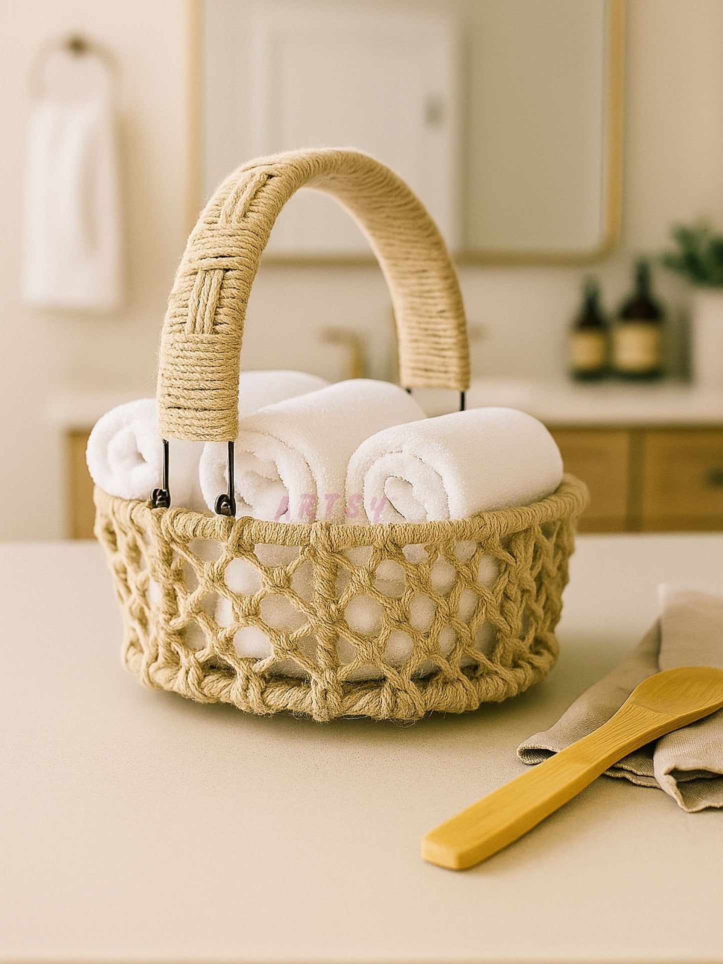 ARTSY Boho Handwoven Rope Basket with Handle | Decorative Storage & Gift Hamper Basket