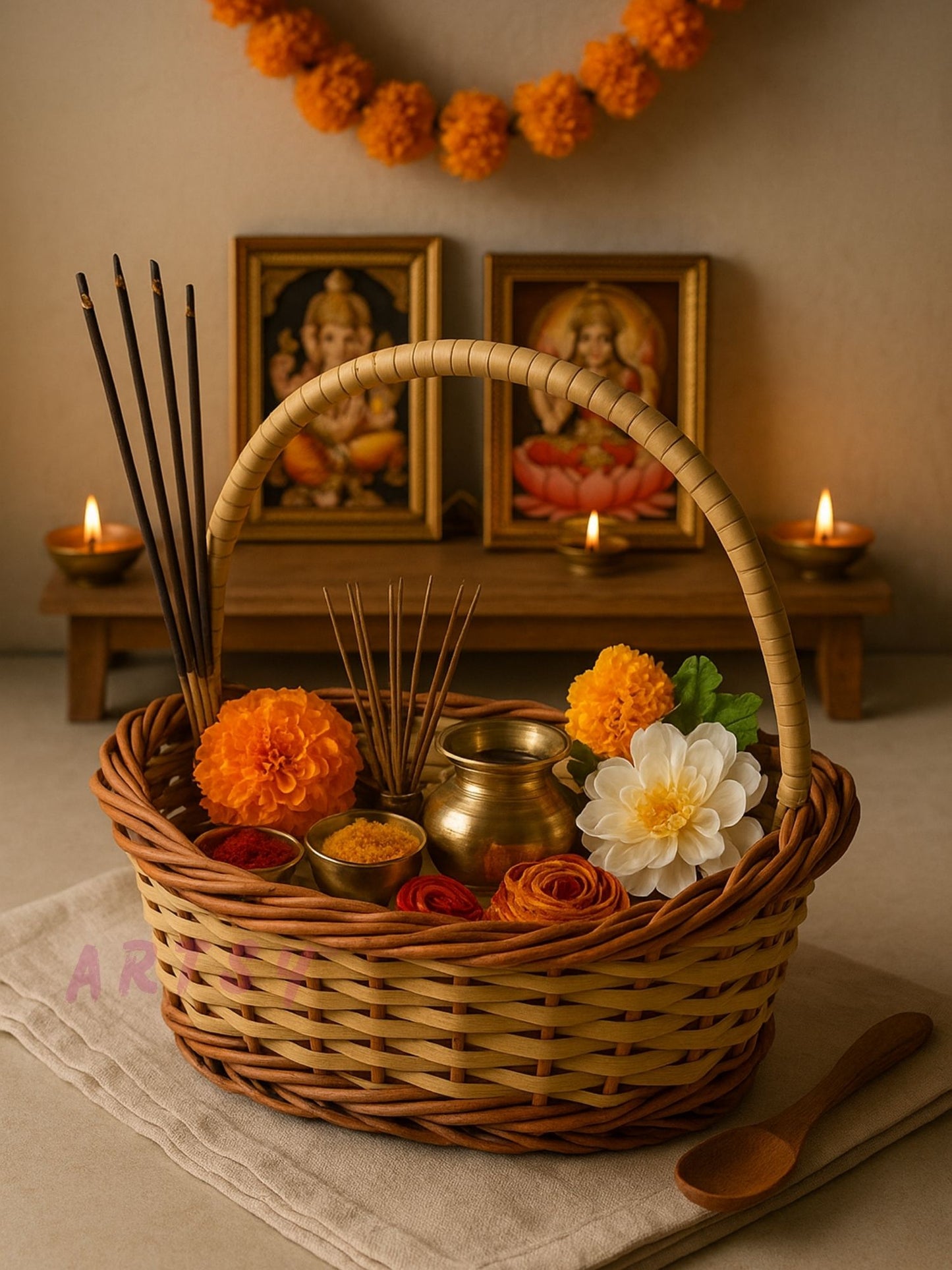 ARTSY Rustic Handwoven Wicker Basket with Handle – Decorative Hamper & Storage Basket for Home Décor, Gifting & Pooja Use