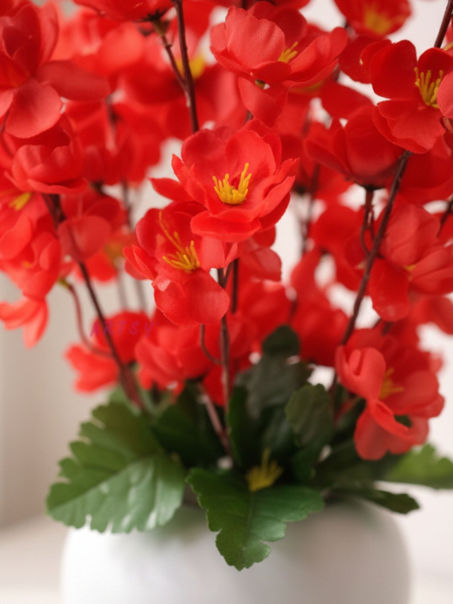 Artificial Red Blossom Flower Pot for Home Decor | Premium Decorative Floral Arrangement with White Pot