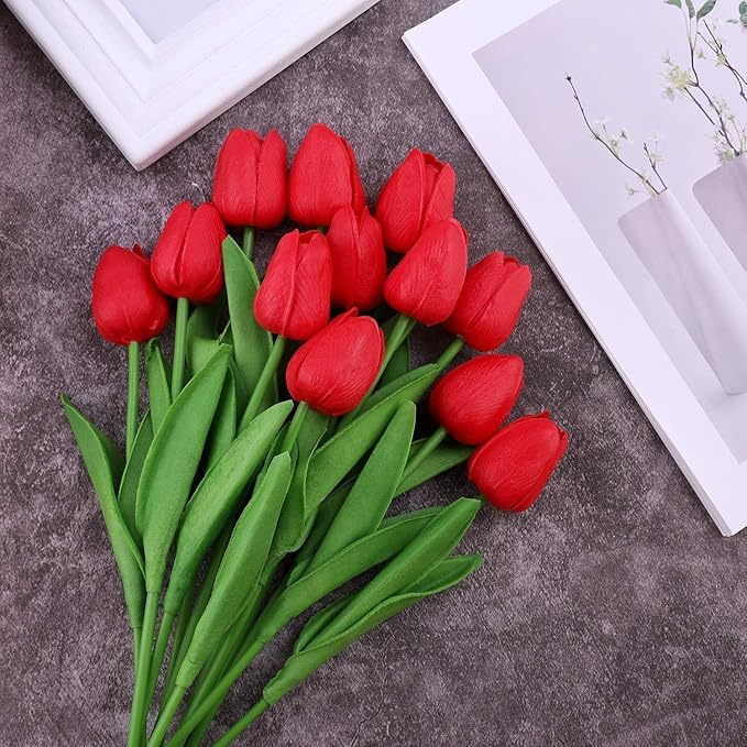ARTSY® Artificial Tulip Flowers Bunch – Set of 5 Faux Flower Stems | Ideal for Living Room, Centerpiece, Gifting, craft, Real Touch Flower Bunch for Vase Decor, Home Styling, Events, Red