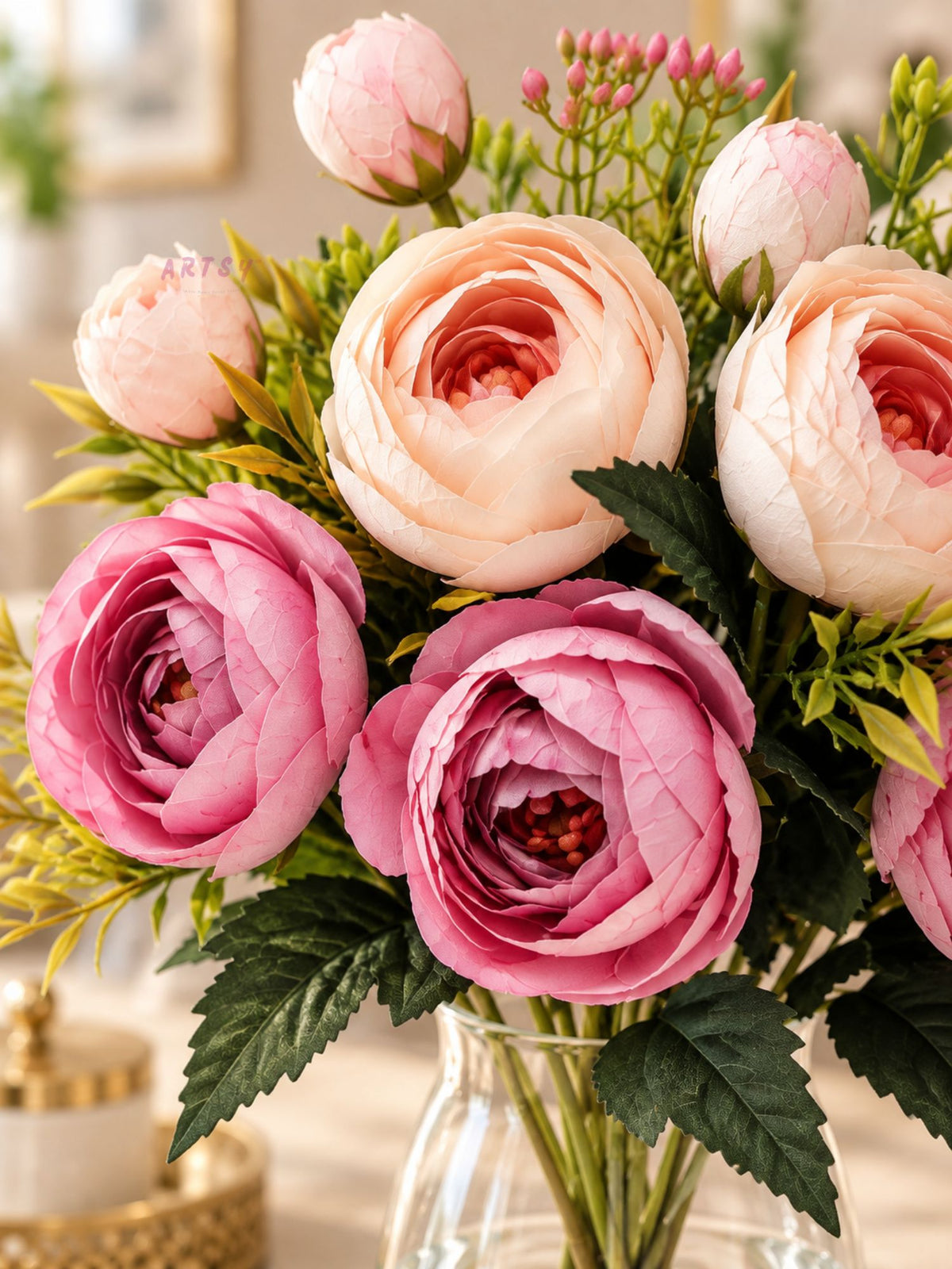 ARTSY Artificial Rose Flower Bunch – Realistic Pink & Peach Rose Bouquet, 1 Piece for Home Decor, Wedding & Gifting
