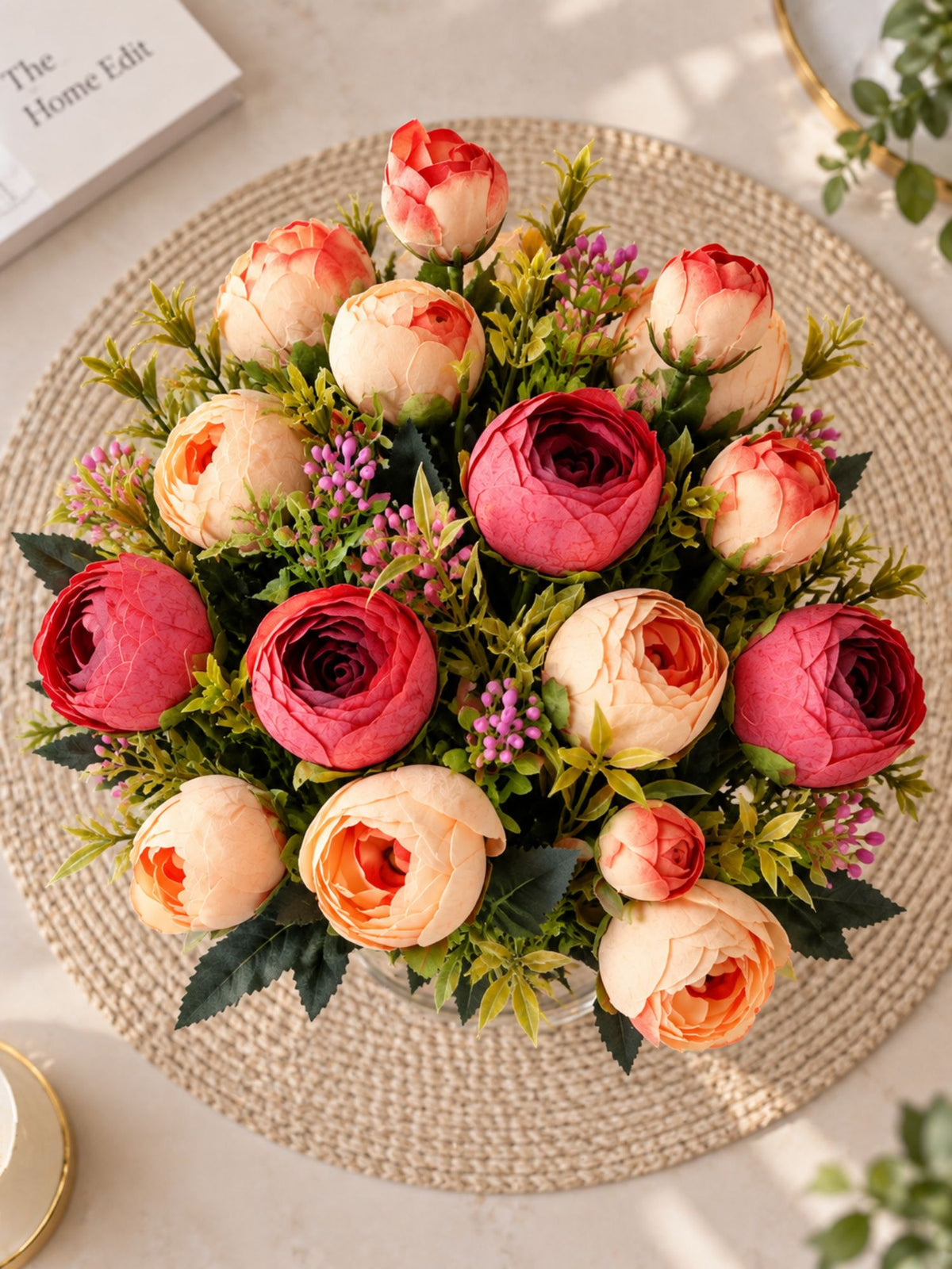 ARTSY Artificial Peony Flower Bunch – Pack of 2, Realistic Faux Flowers for Home Decor, Wedding, Festive Decoration & Gifting