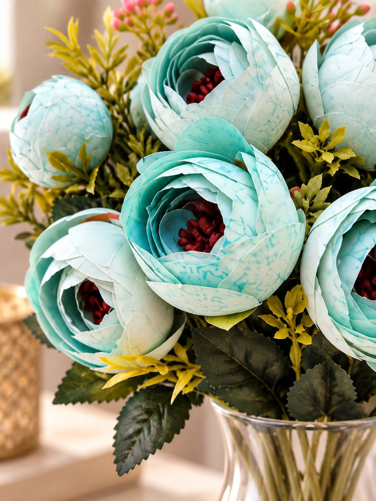 ARTSY Artificial Ranunculus Flower Bunch – White & Turquoise, 1 Pc