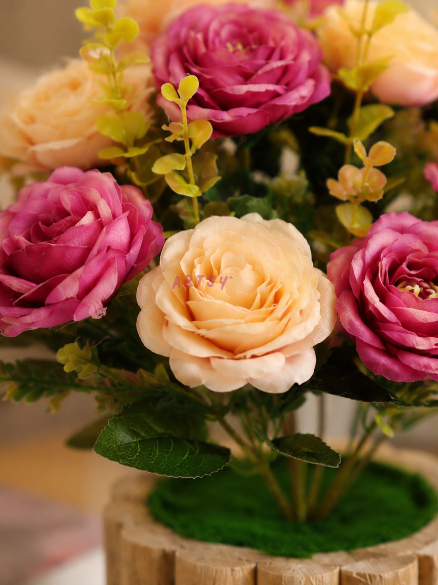Elegant Artificial Rose Bouquet in Rustic Wooden Pot – Luxury Floral Home Décor, Pack of 1