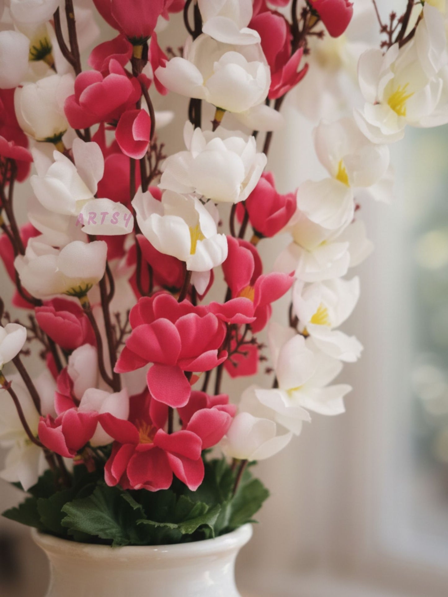 Elegant Sakura Blossom Artificial Flower Stem for Home & Table Decor | Premium Pink & White Floral Branch | 55 CM