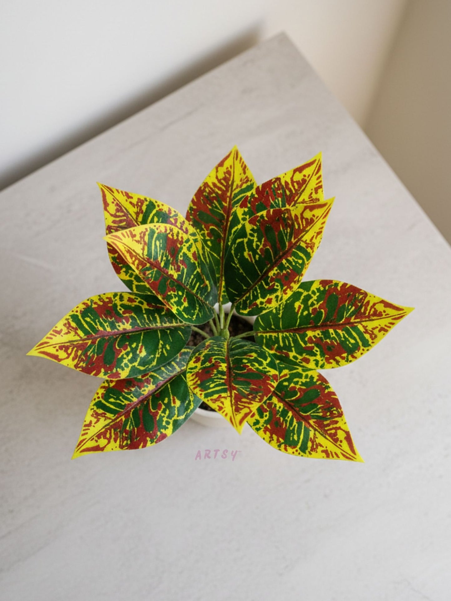 ARTSY Artificial Croton Leaf Bunch for Home Decor | Realistic Tropical Faux Plant for Living Room, Office & Vase Decoration (Pack of 1)