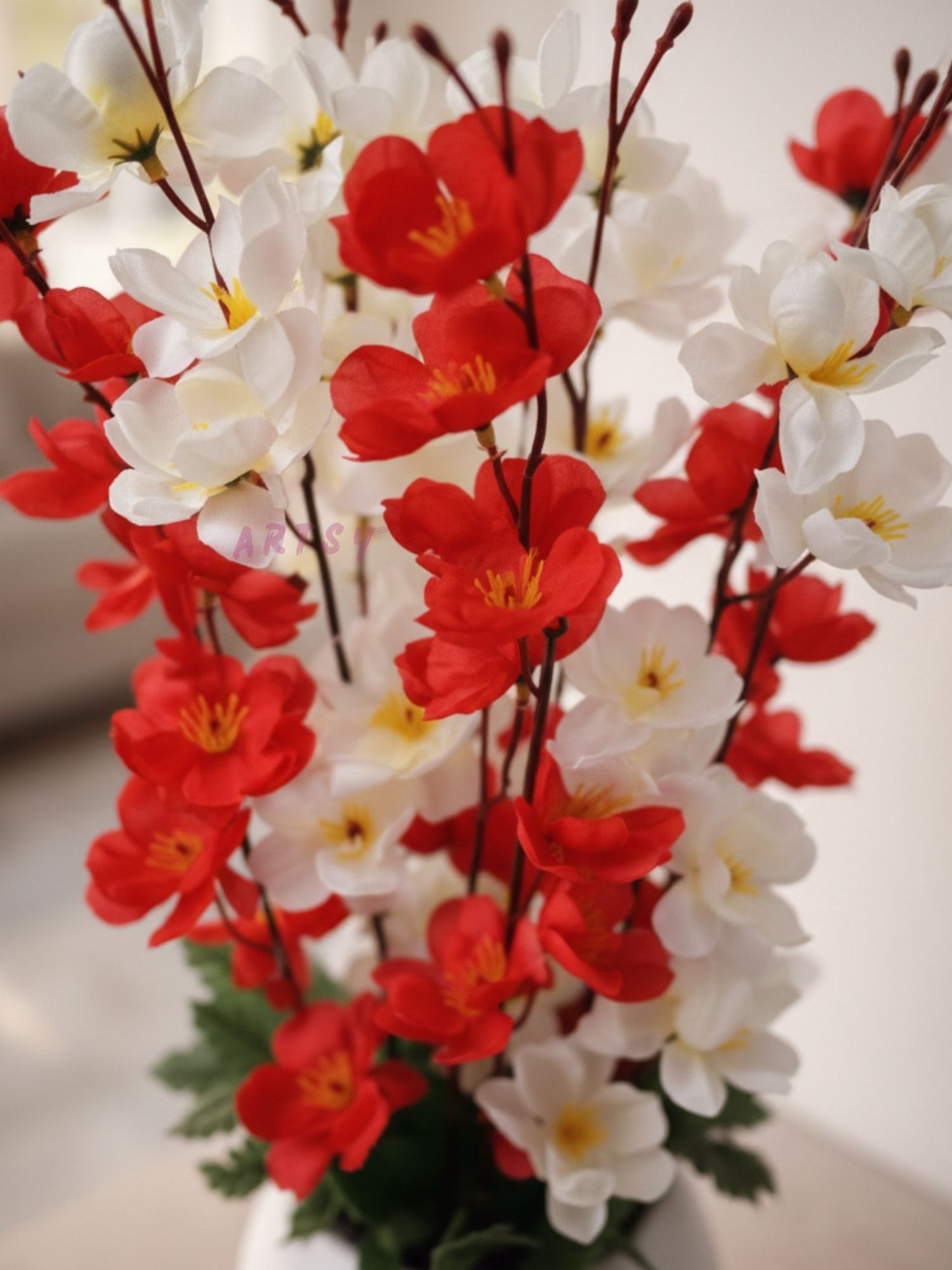 Elegant Red & White Artificial Blossom Flower Pot for Home Decor, Pack of 1