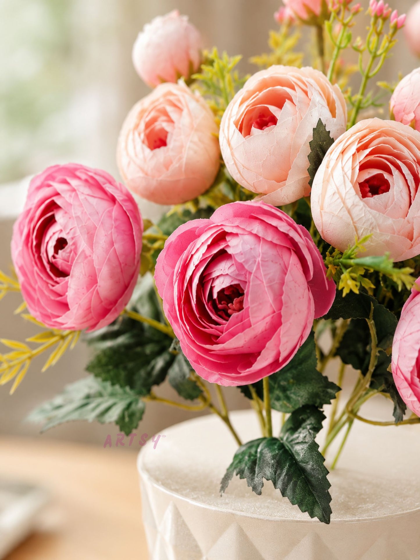 Elegant Artificial Ranunculus Flowers with Designer Pot – Pack of 1