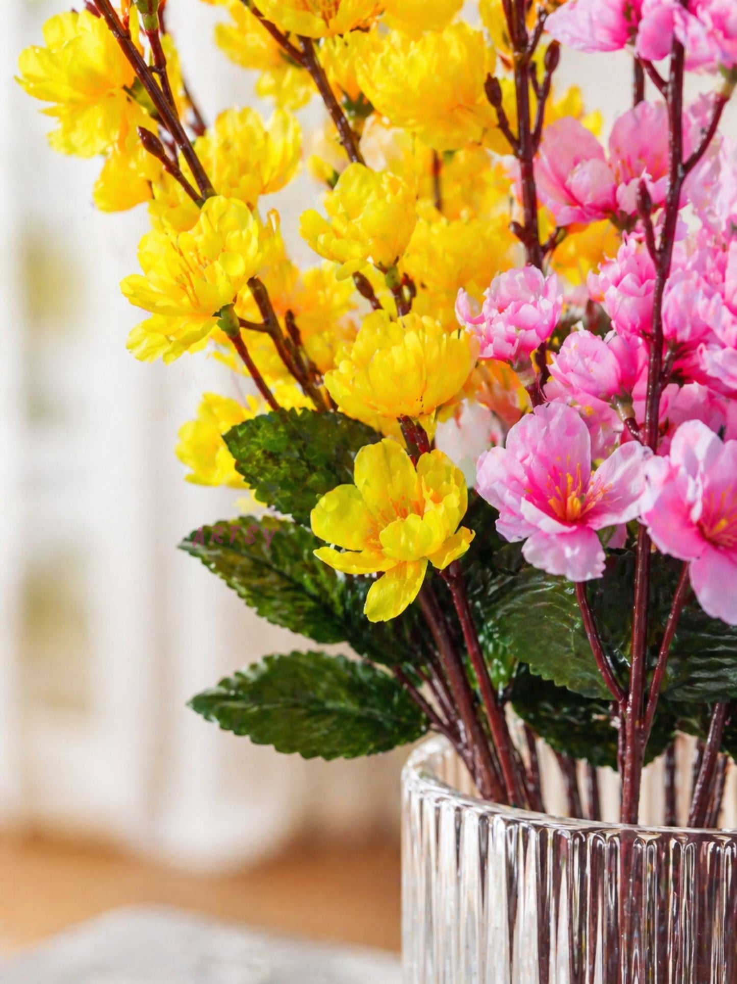 Artificial Cherry Blossom Flower Bunch – Pack of 2 | Decorative Faux Flowers for Home, Office & Gifting