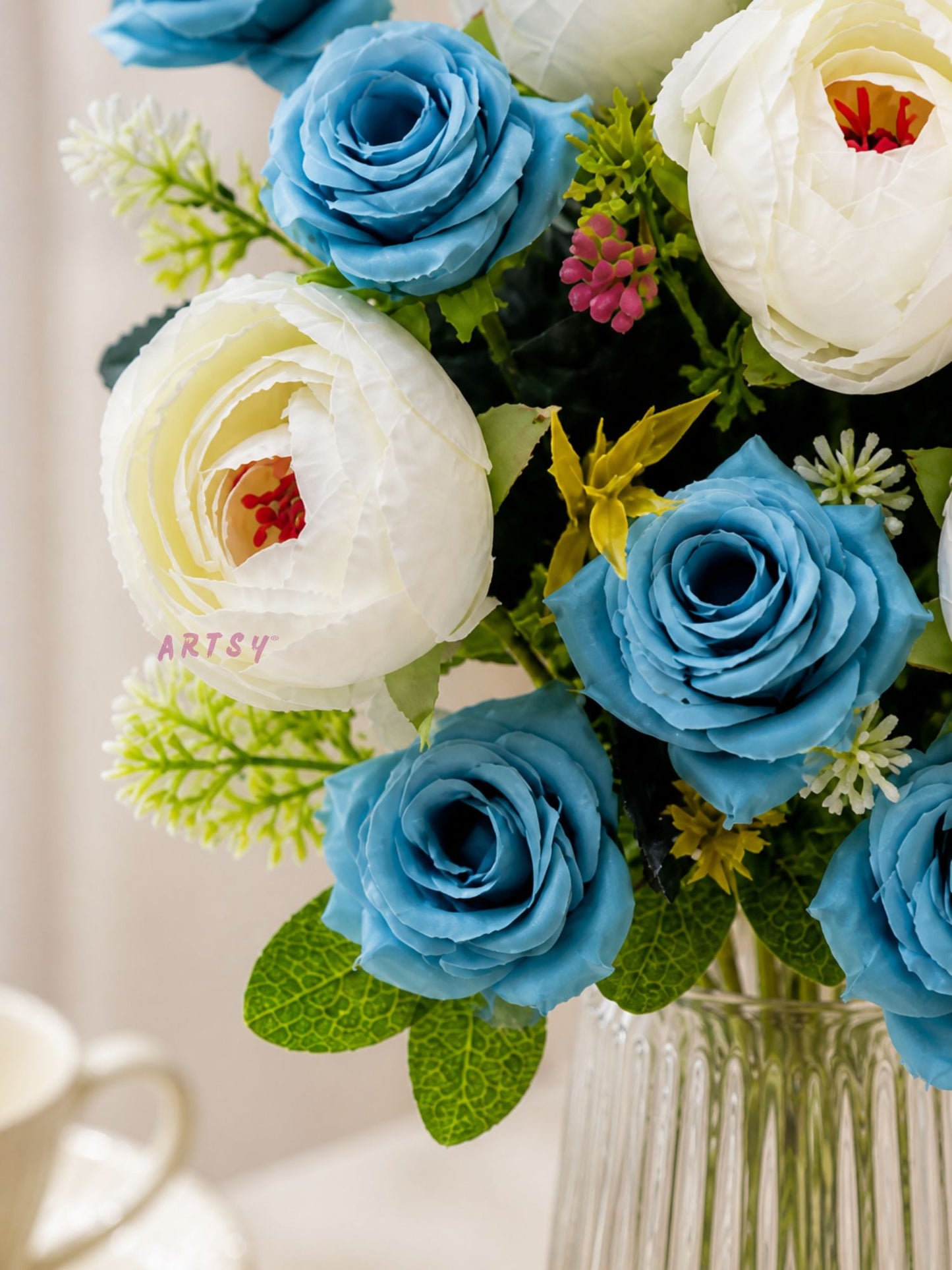 ARTSY Artificial Blue Rose & White Peony Flower Bunch Combo | Pack of 2 Fake Flowers for Home Decoration, Living Room, Office, Wedding & Table Decor