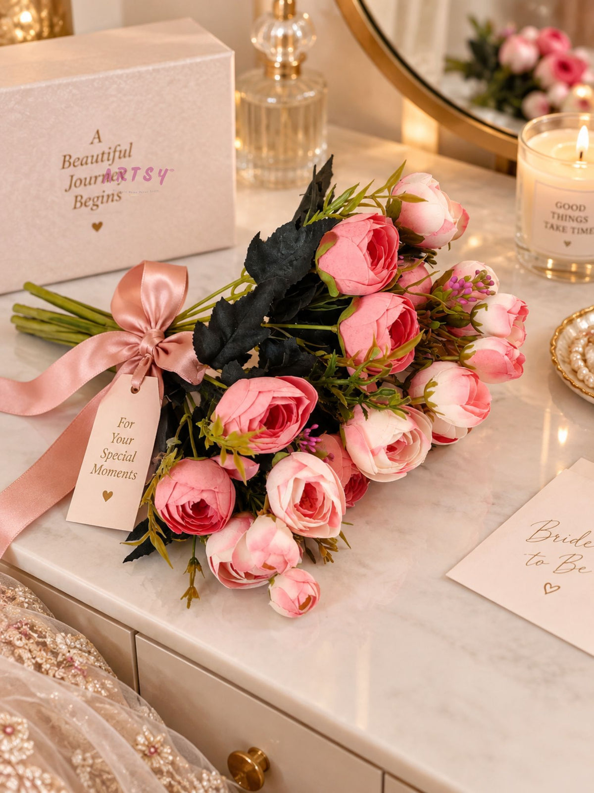 ARTSY Artificial Peony Flower Bunch – Pack of 2, Pink & White Faux Peony Flowers for Home Decor, Wedding, Gifting & Floral Arrangements