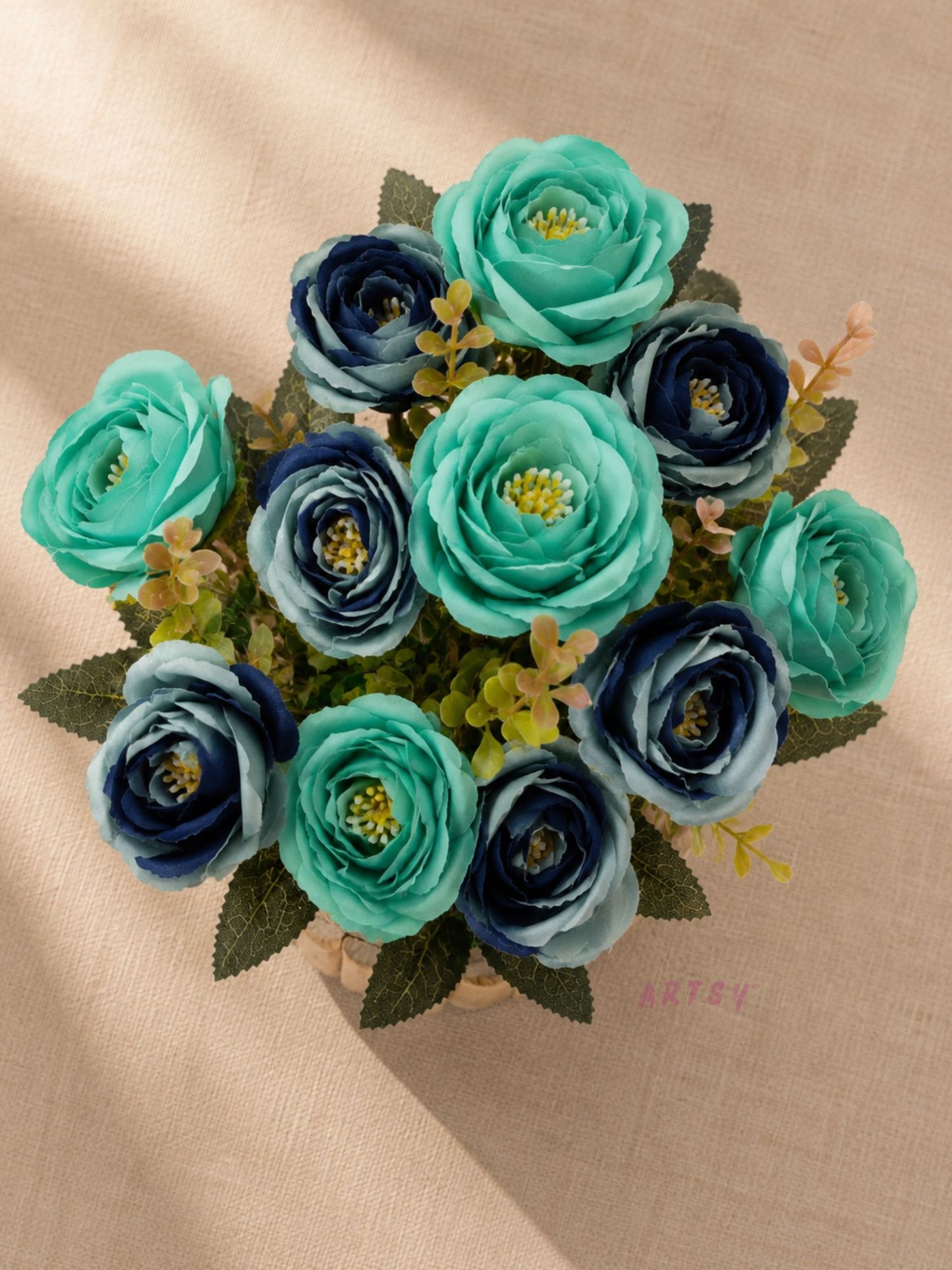 Luxury Artificial Rose Flower Pot – Premium Teal & Navy Floral Home Decor Arrangement, Pack of 1