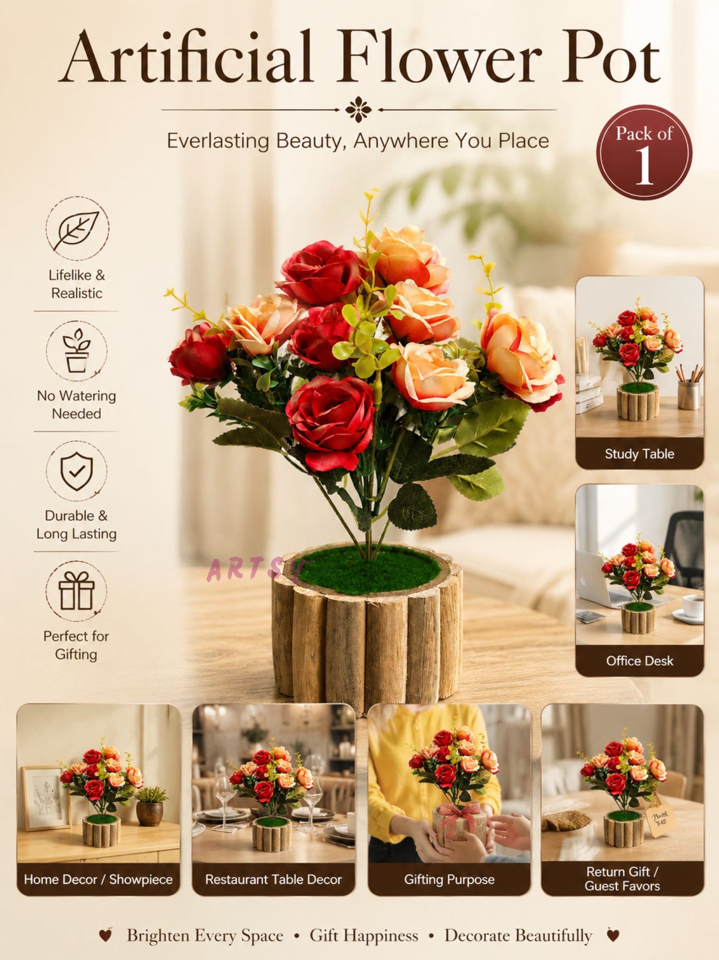 Luxury Artificial Rose Flower Arrangement in Rustic Wooden Pot | Elegant Home Table Decor, Pack of 1
