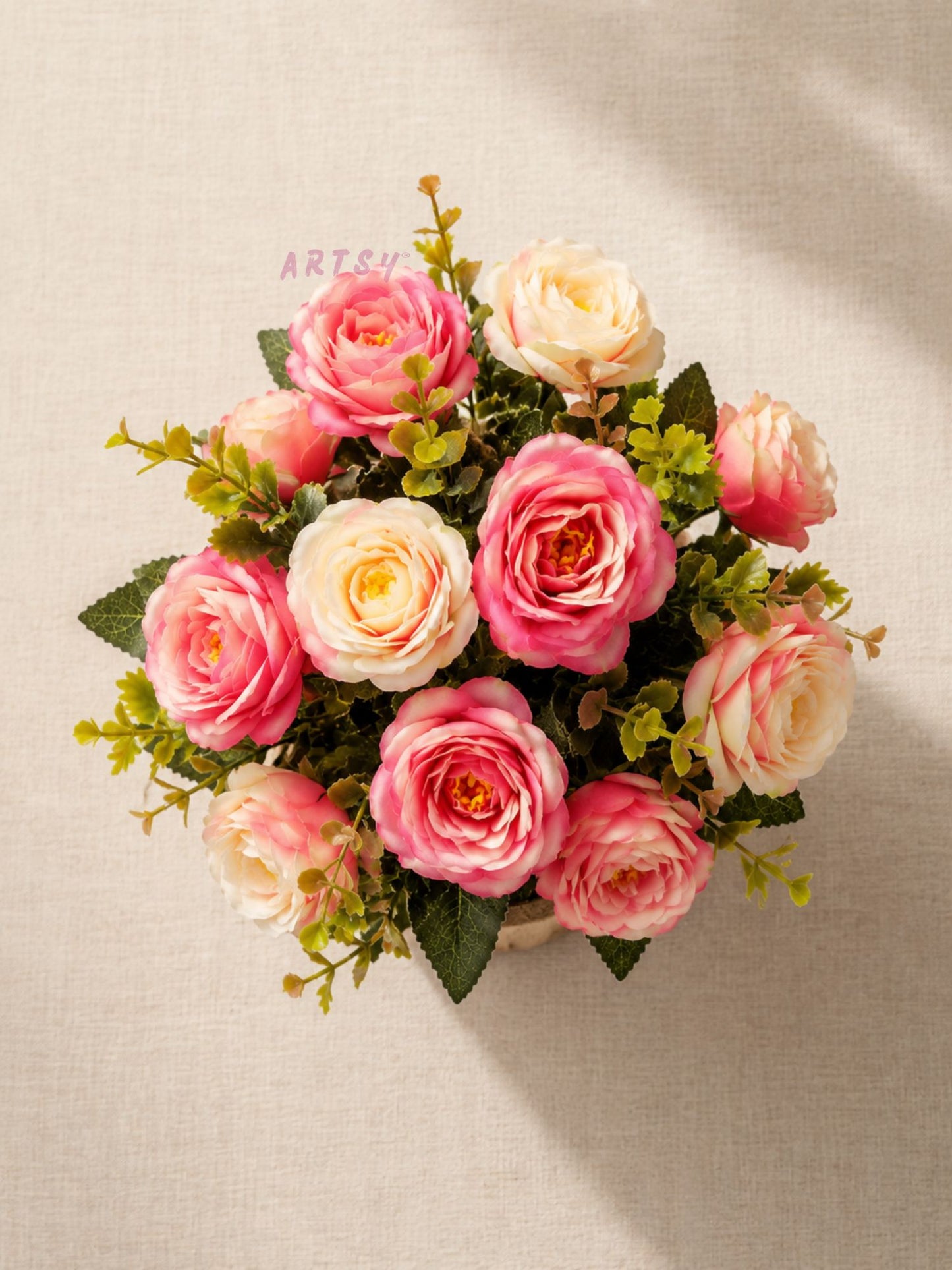 Luxury Artificial Rose Flower Arrangement with Rustic Wooden Pot for Home Decor, Pack of 1