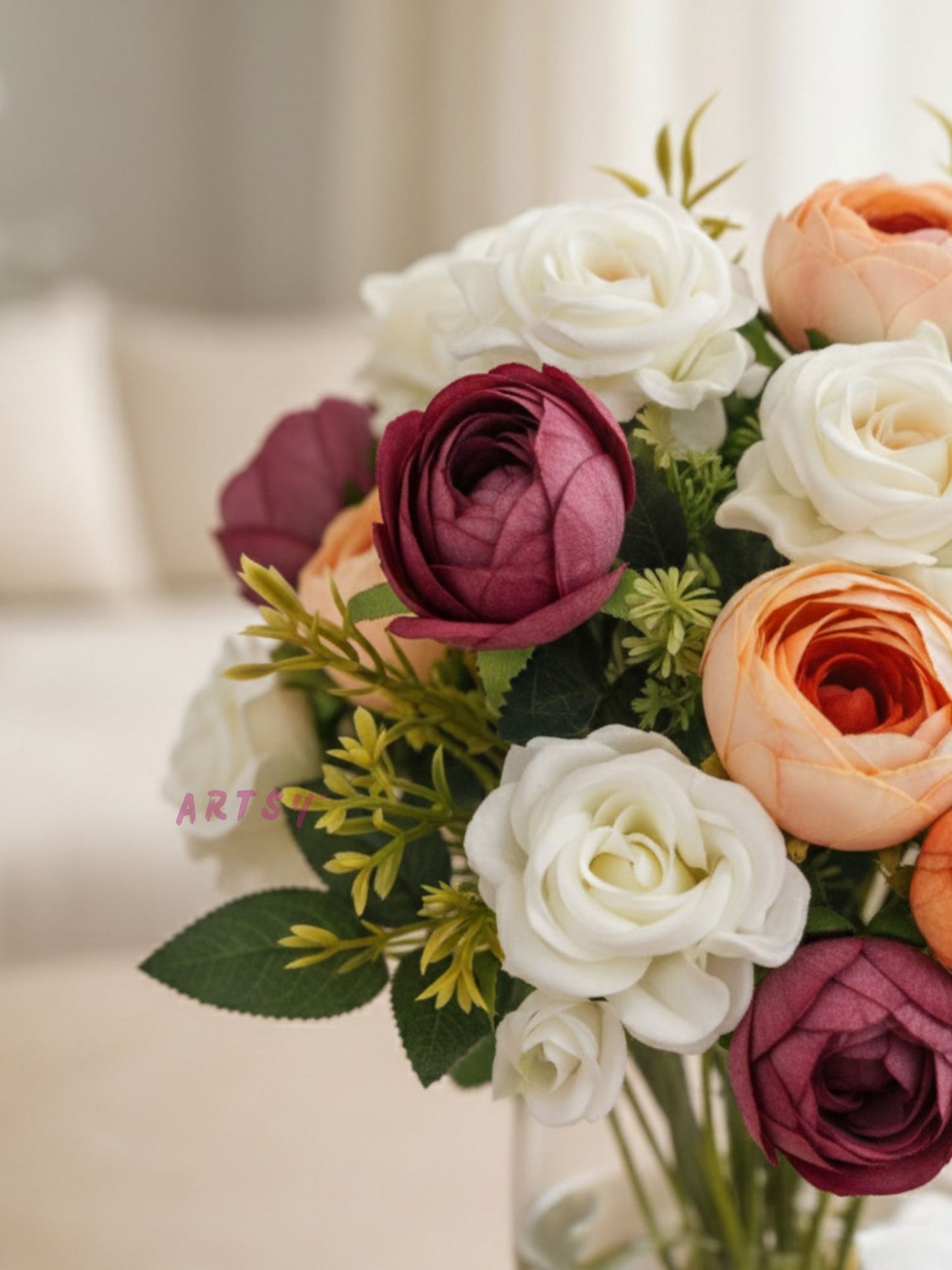 ARTSY Artificial Peony & Rose Flower Bunch Set for Home Decoration | Realistic Faux Floral Arrangement | Wedding, Living Room, Office & Table Decor | Pack of 2