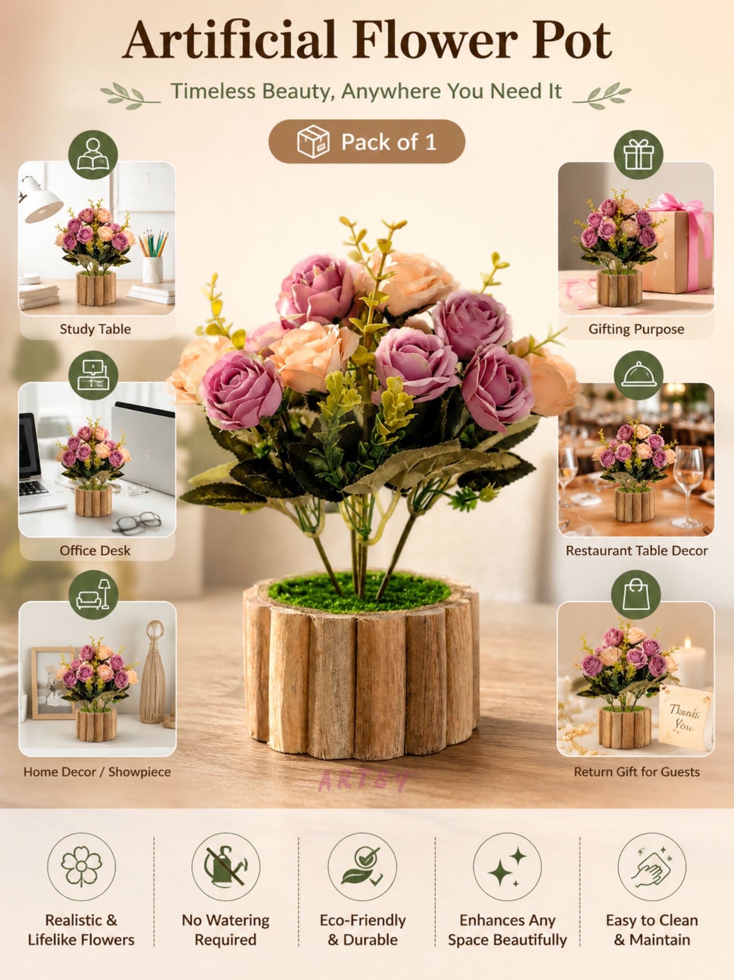 Luxury Artificial Rose Bouquet with Rustic Wooden Planter for Home Decor, Pack of 1