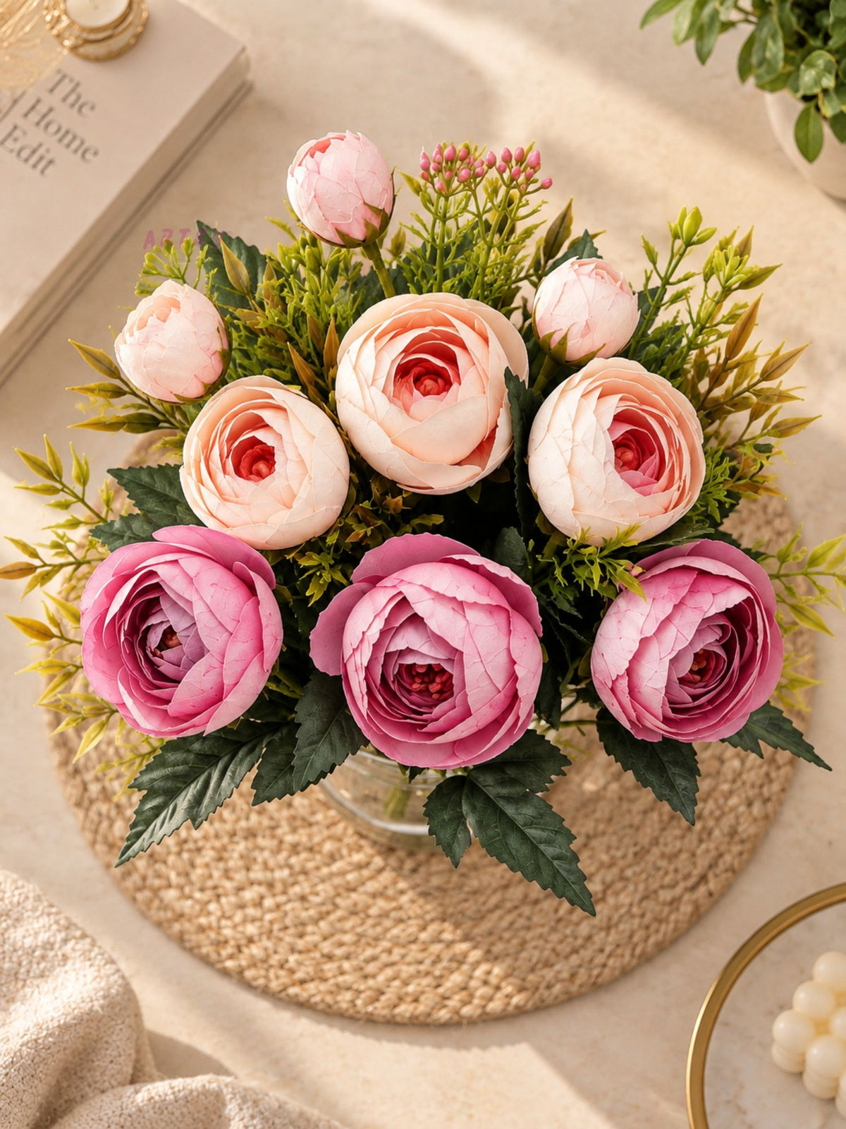 ARTSY Artificial Rose Flower Bunch – Realistic Pink & Peach Rose Bouquet, 1 Piece for Home Decor, Wedding & Gifting