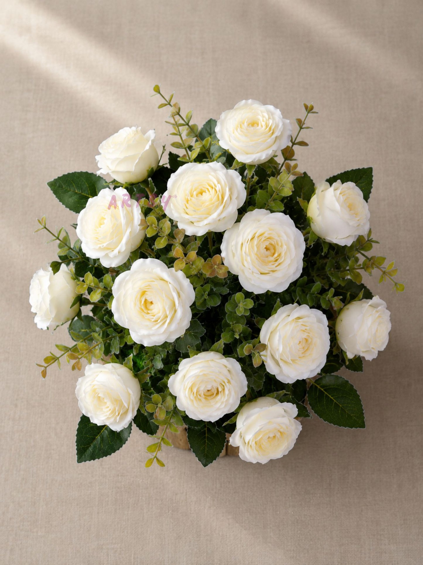 Elegant White Rose Artificial Flower Arrangement with Rustic Wooden Planter, Pack of 1