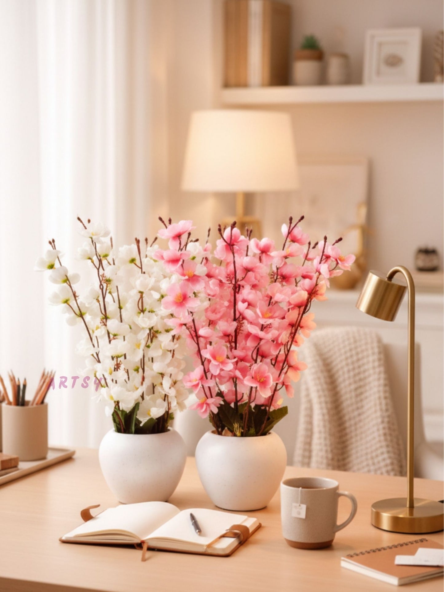 Artificial Cherry Blossom Flower Pot – Premium Luxury Home Décor Table Accent, Pack of 2 Pieces