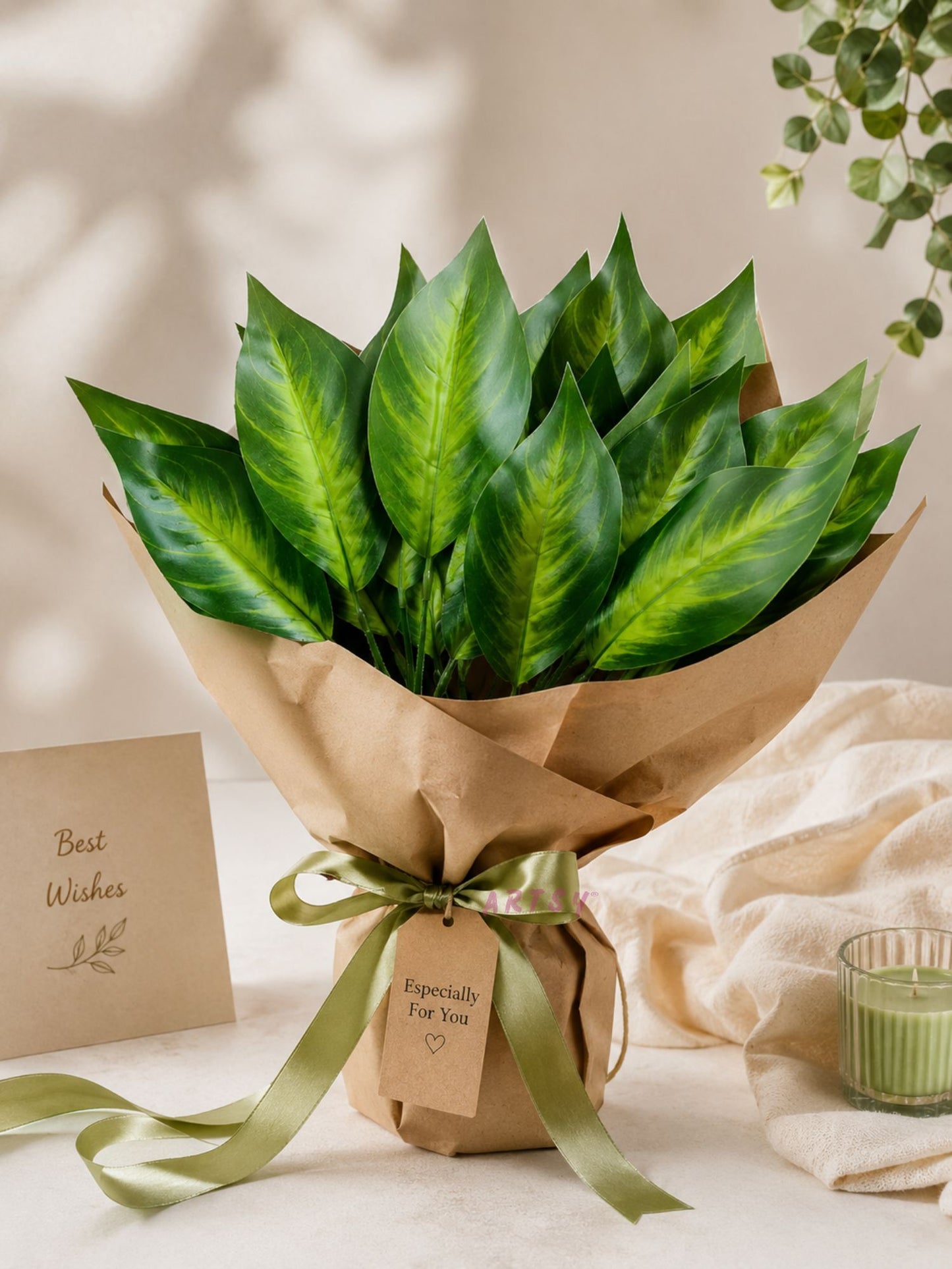 ARTSY Premium Artificial Green Leaf Bunch – Natural Looking Faux Foliage Arrangement for Vase, Home, Office, Hotel & Wedding Decoration