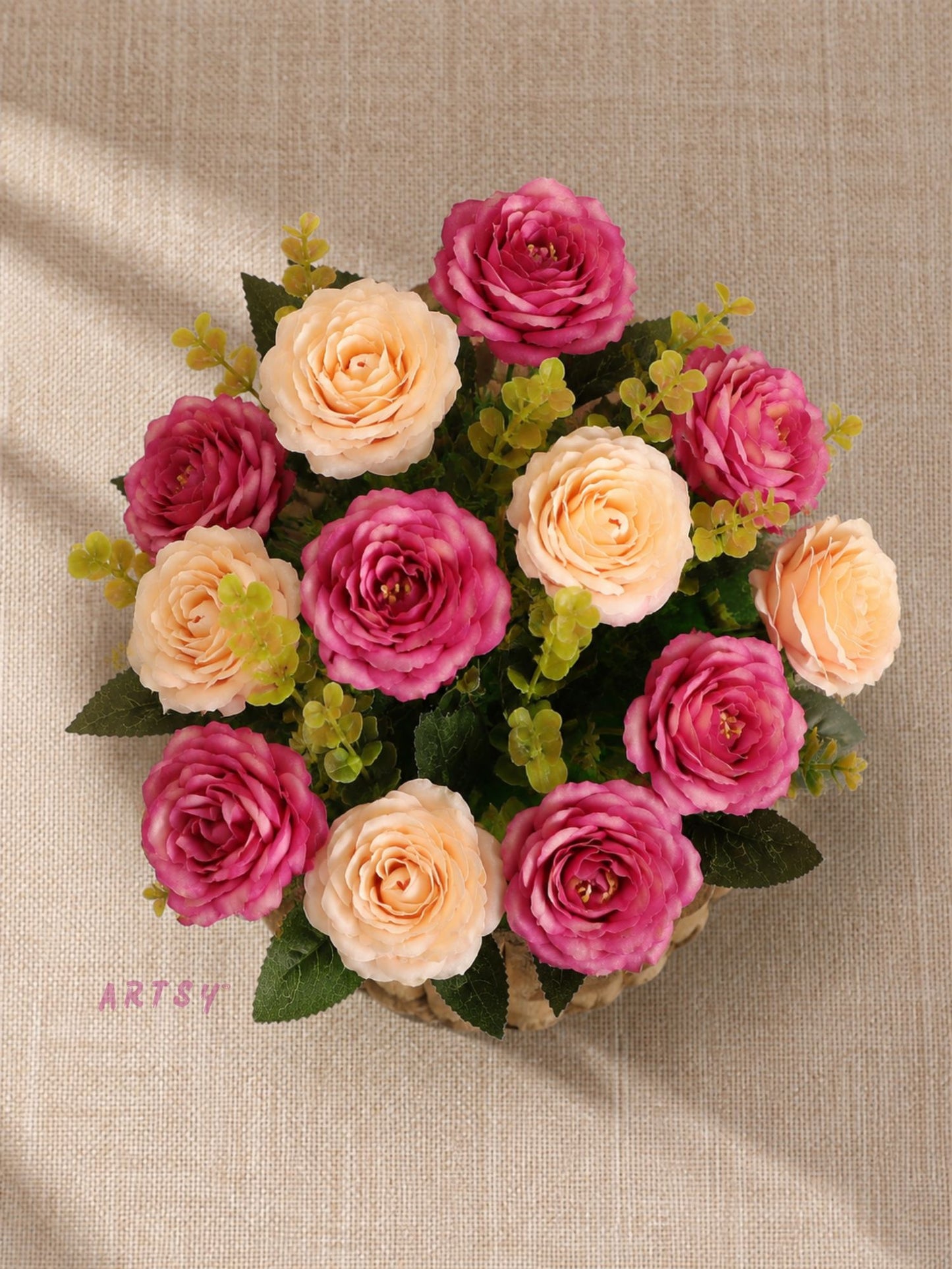 Elegant Artificial Rose Bouquet in Rustic Wooden Pot – Luxury Floral Home Décor, Pack of 1