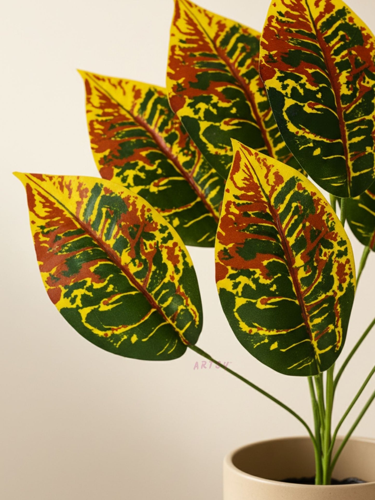 ARTSY Artificial Croton Leaf Bunch for Home Decor | Realistic Tropical Faux Plant for Living Room, Office & Vase Decoration (Pack of 1)