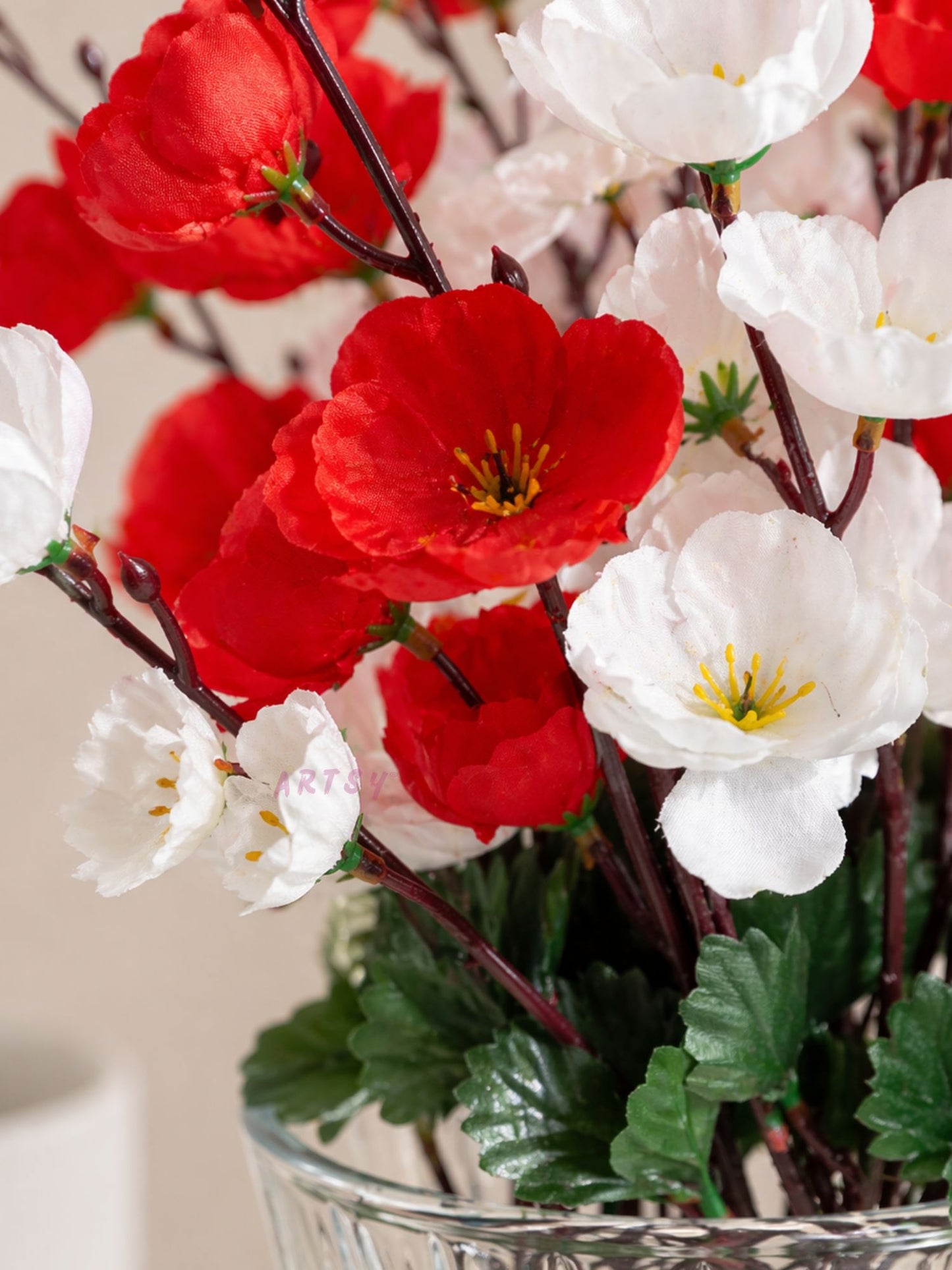 Red & White Artificial Blossom Flower Bunch for Home Decor | Premium Faux Floral Arrangement