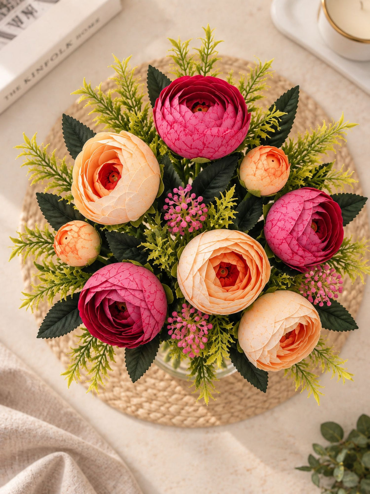 ARTSY Artificial Flower Bunch – Realistic Peony Flowers with Green Leaves for Home Décor, Wedding & Floral Decoration | 1 Piece