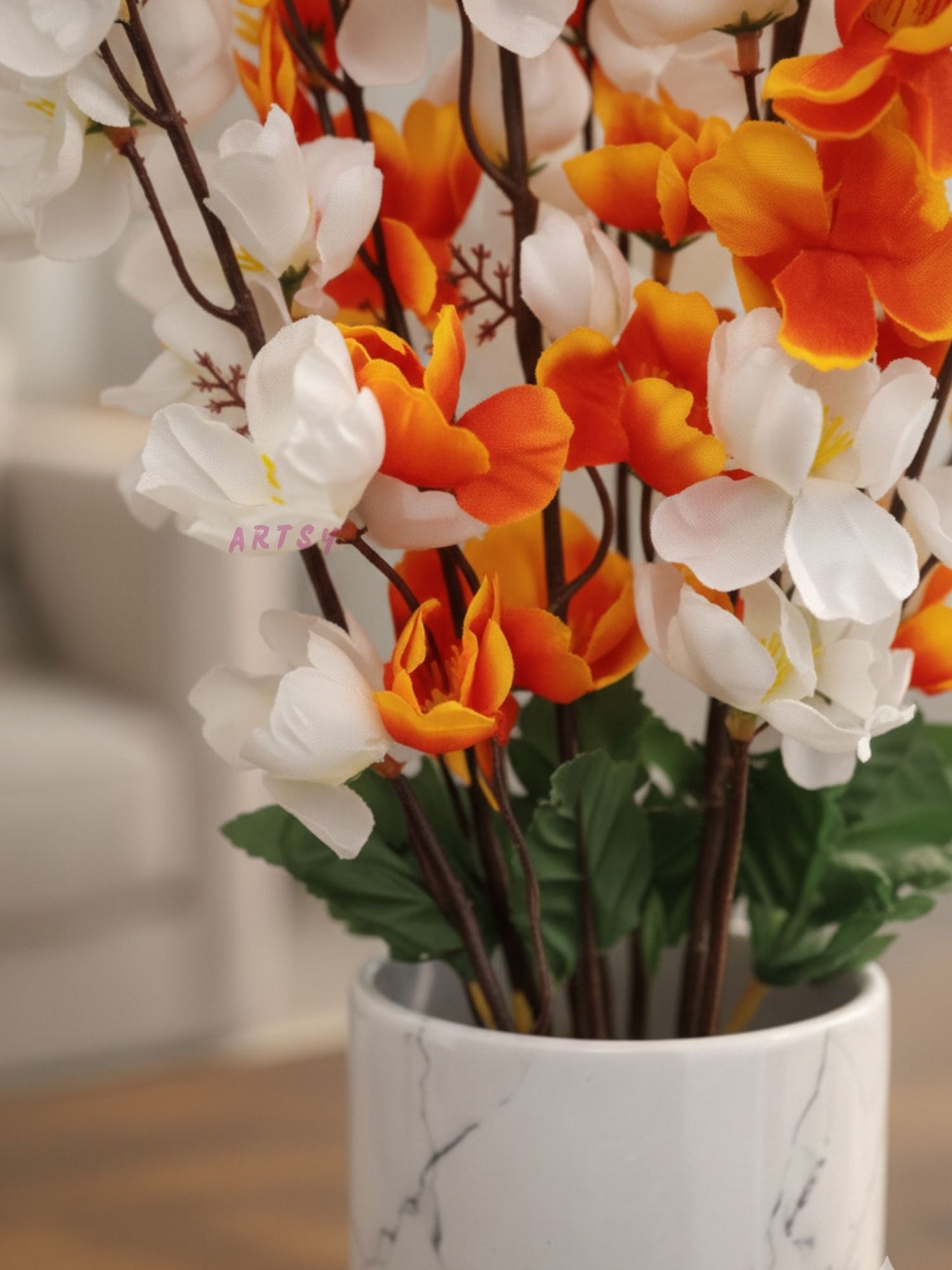 ArtsyDecor Premium Orange & White Artificial Blossom Stem for Home Décor | Realistic Flexible Floral Branch (55 CM, Pack of 1)