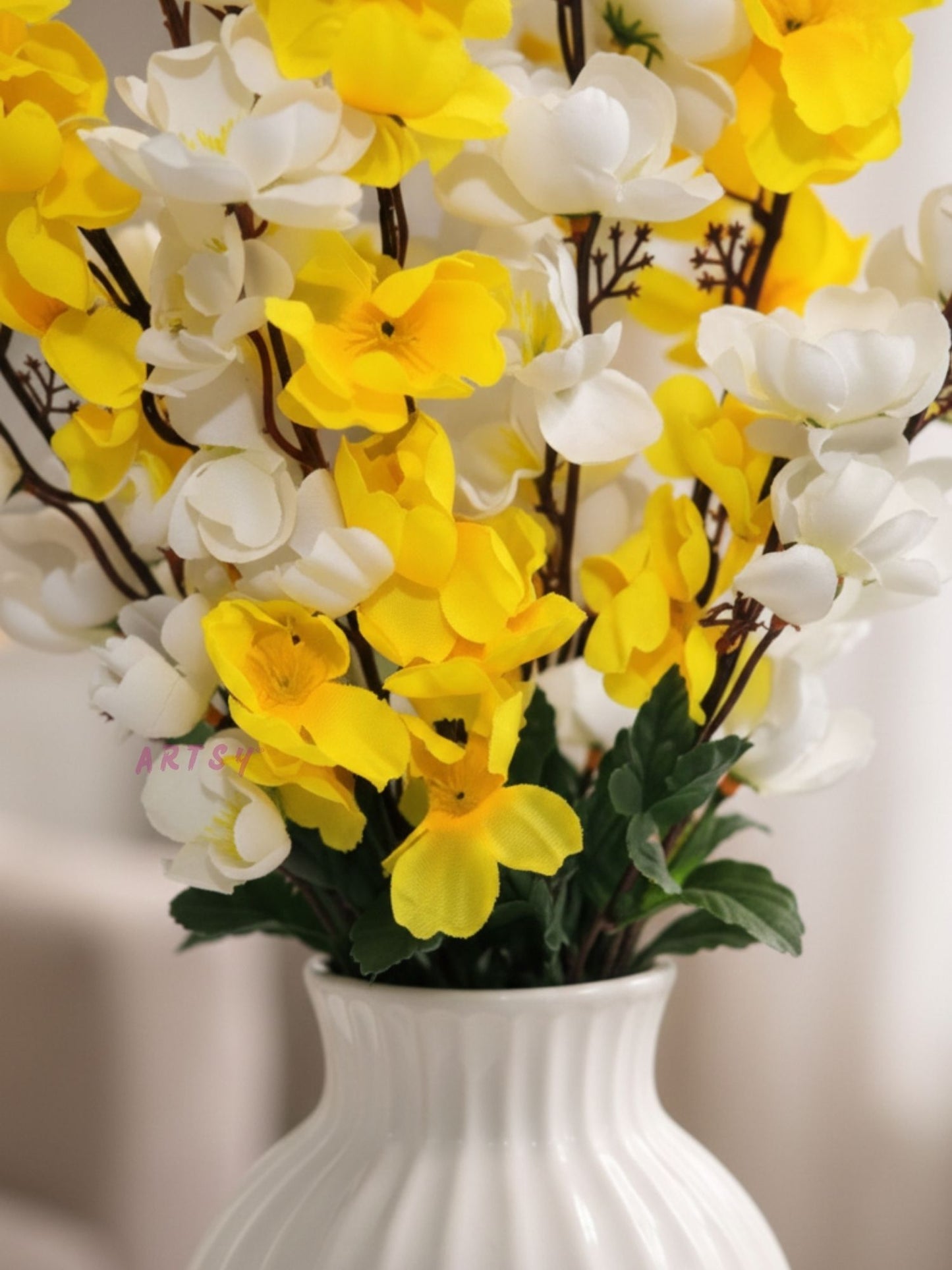 Artificial Cherry Blossom Flower Bunch (White & Yellow) – Elegant Decorative Floral Bunch