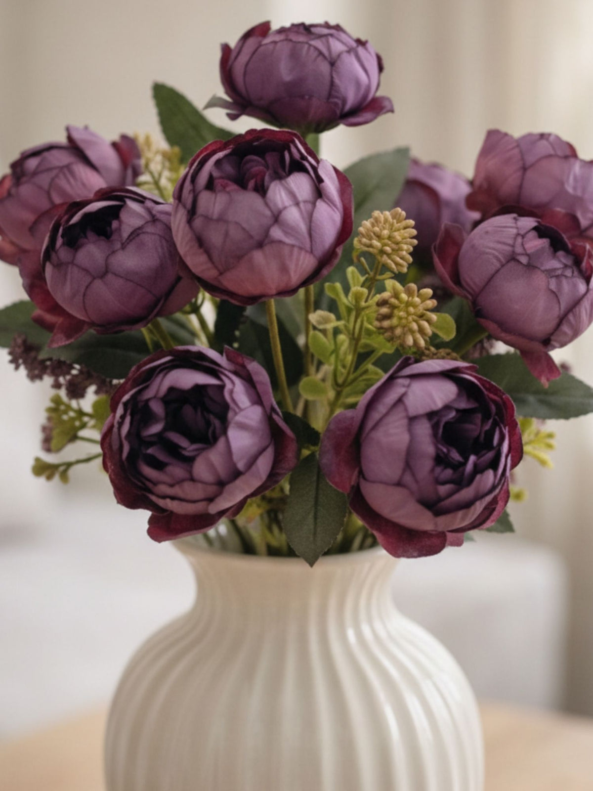 ARTSY Artificial Purple Peony Flower Bunch with Greenery, 35 cm Faux Floral Arrangement for Home Decor