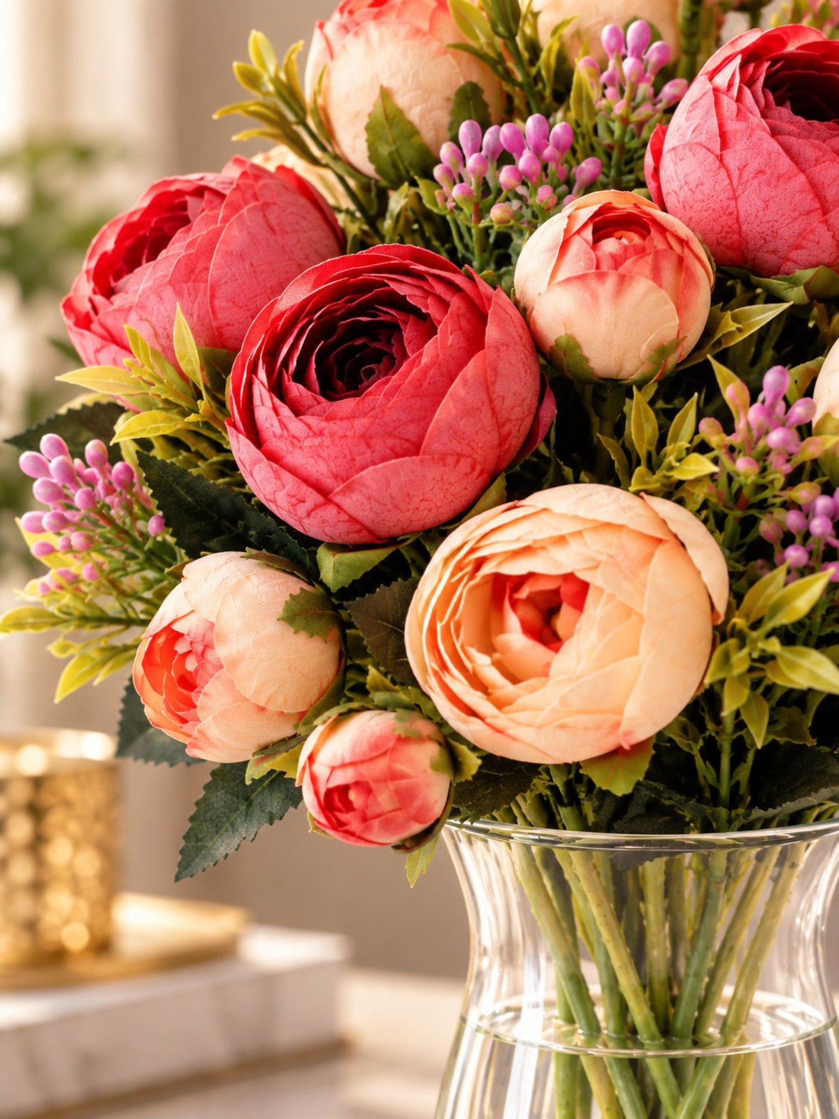 ARTSY Artificial Peony Flower Bunch – Pack of 2, Realistic Faux Flowers for Home Decor, Wedding, Festive Decoration & Gifting