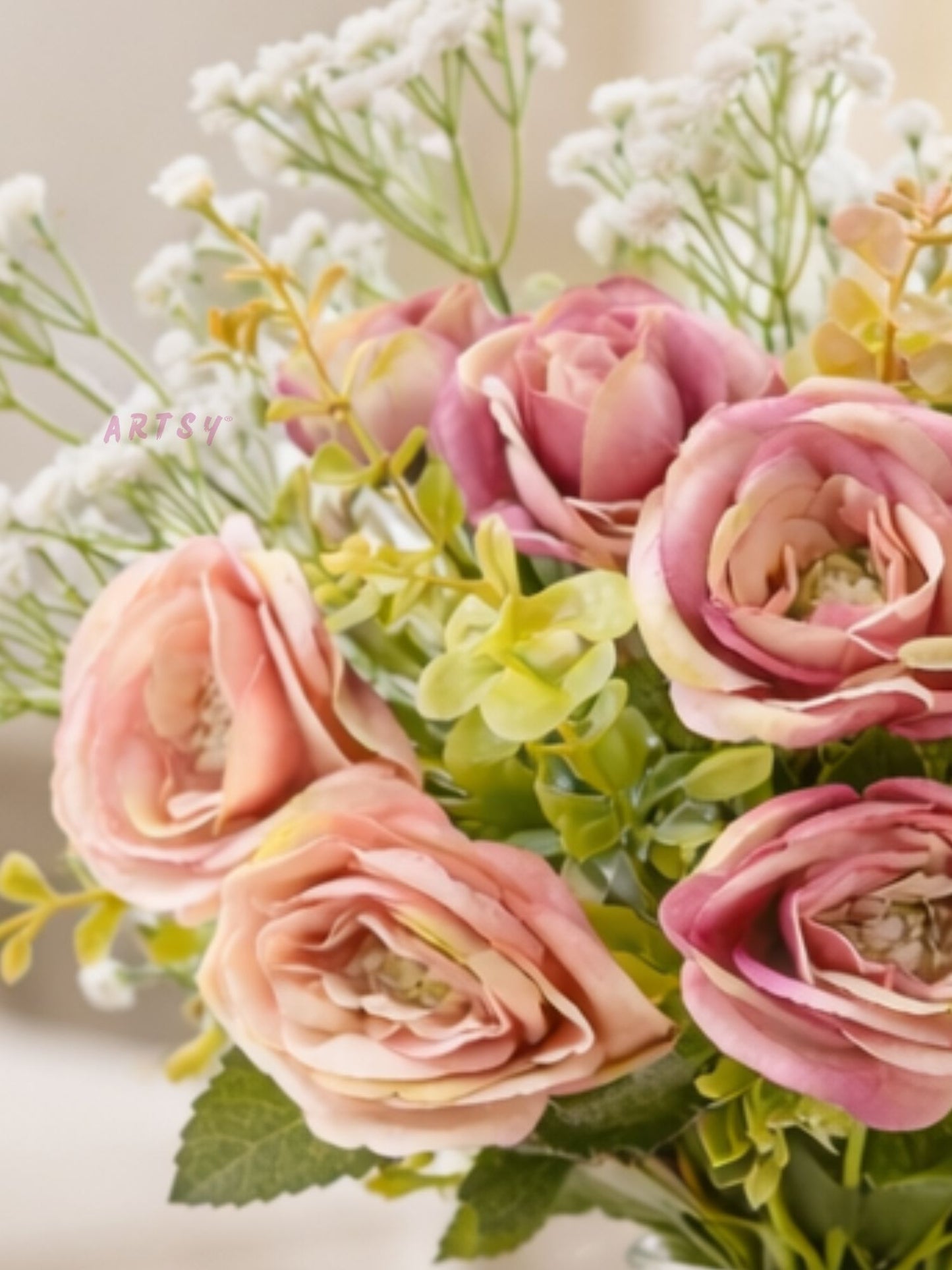 ARTSY Artificial Rose Flower Bunch with Baby Breath Flowers (Pack of 3) | Realistic Faux Floral Bouquet for Home, Office & Wedding Décor
