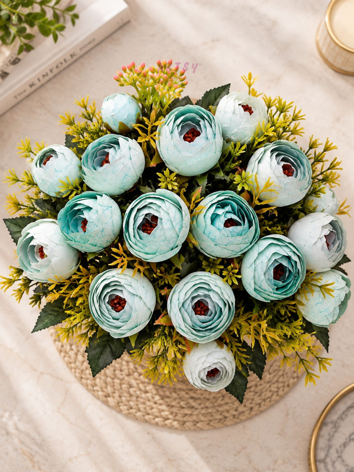 ARTSY Artificial Ranunculus Flower Bunches – Pack of 2, Aqua Green & White Faux Flowers for Home Décor, Wedding & Gifting