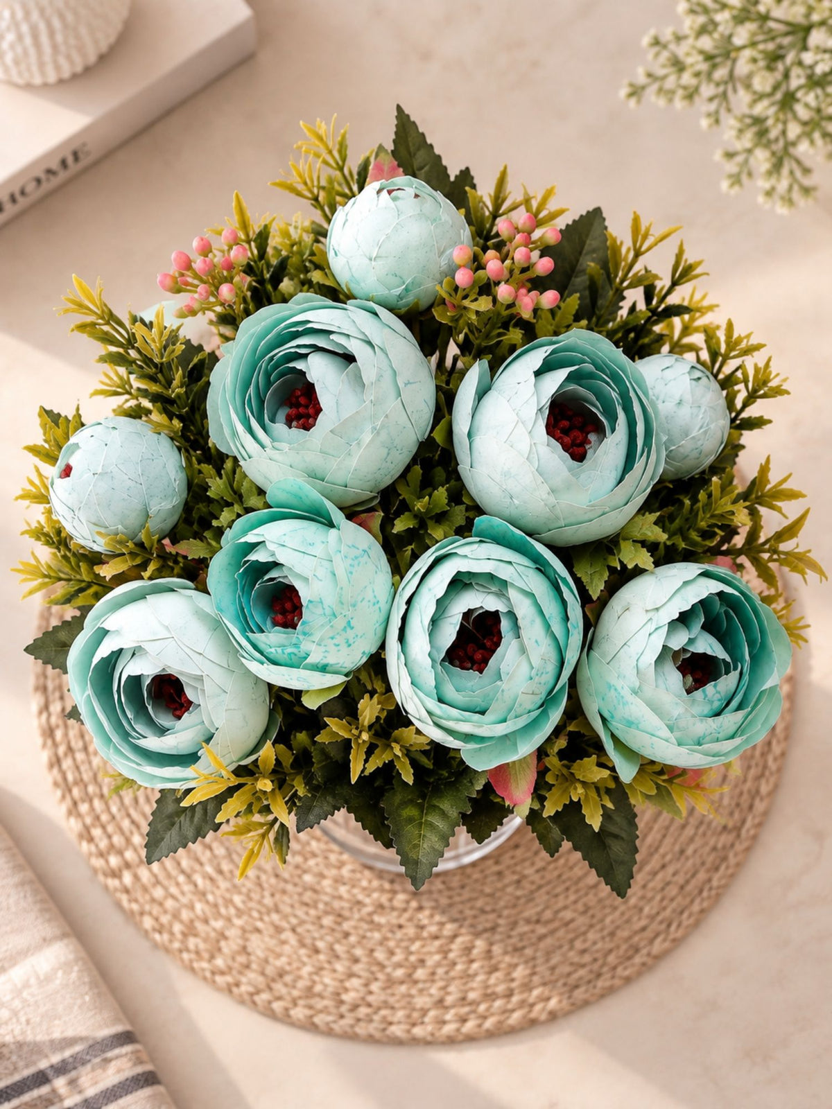 ARTSY Artificial Ranunculus Flower Bunch – White & Turquoise, 1 Pc