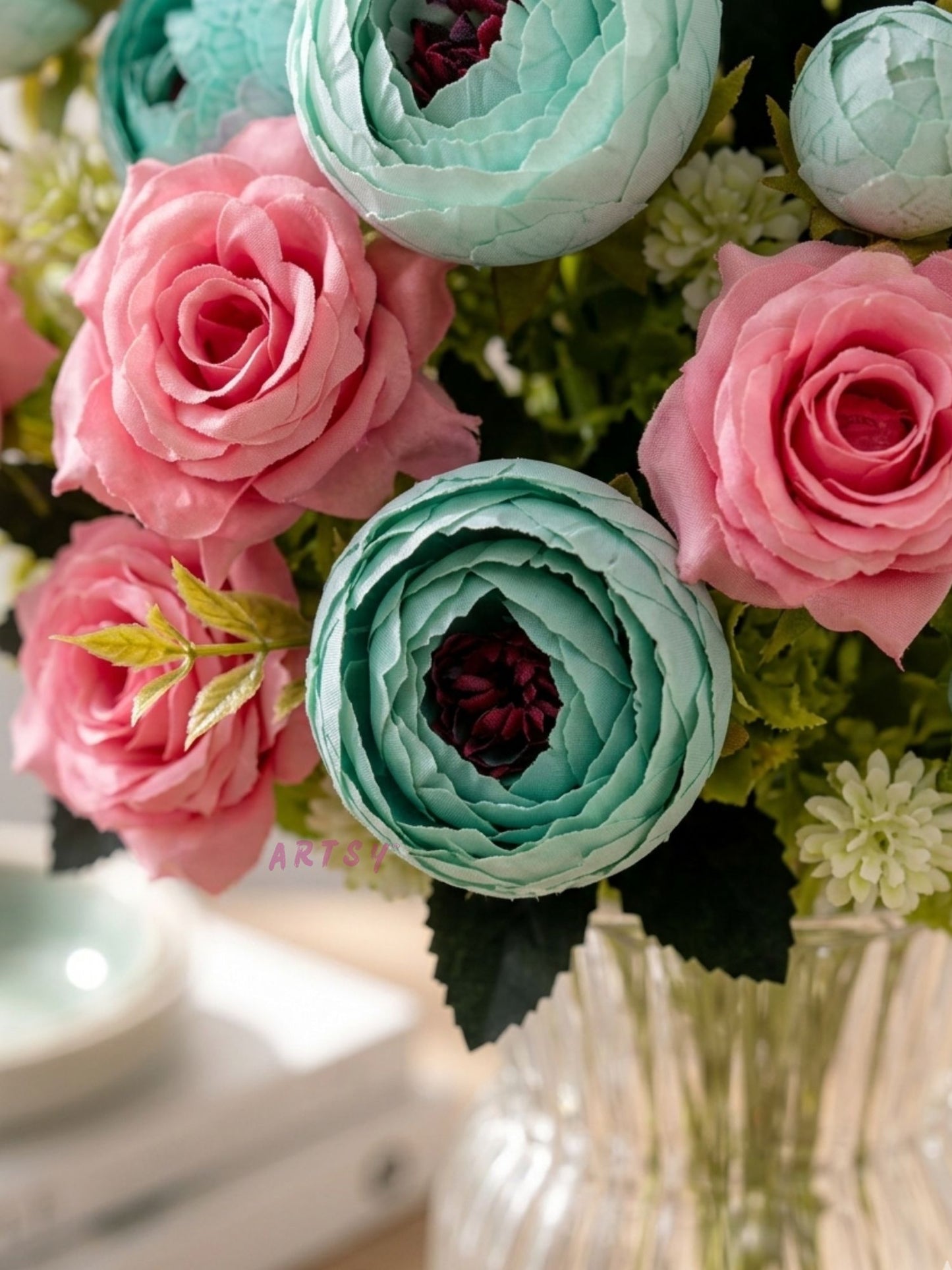 ARTSY Artificial Rose & Peony Flower Bunch Combo Pack of 2 | Realistic Faux Flowers for Home Decoration