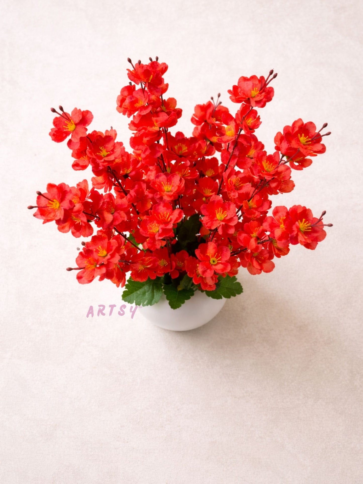 Artificial Red Blossom Flower Pot for Home Decor | Premium Decorative Floral Arrangement with White Pot