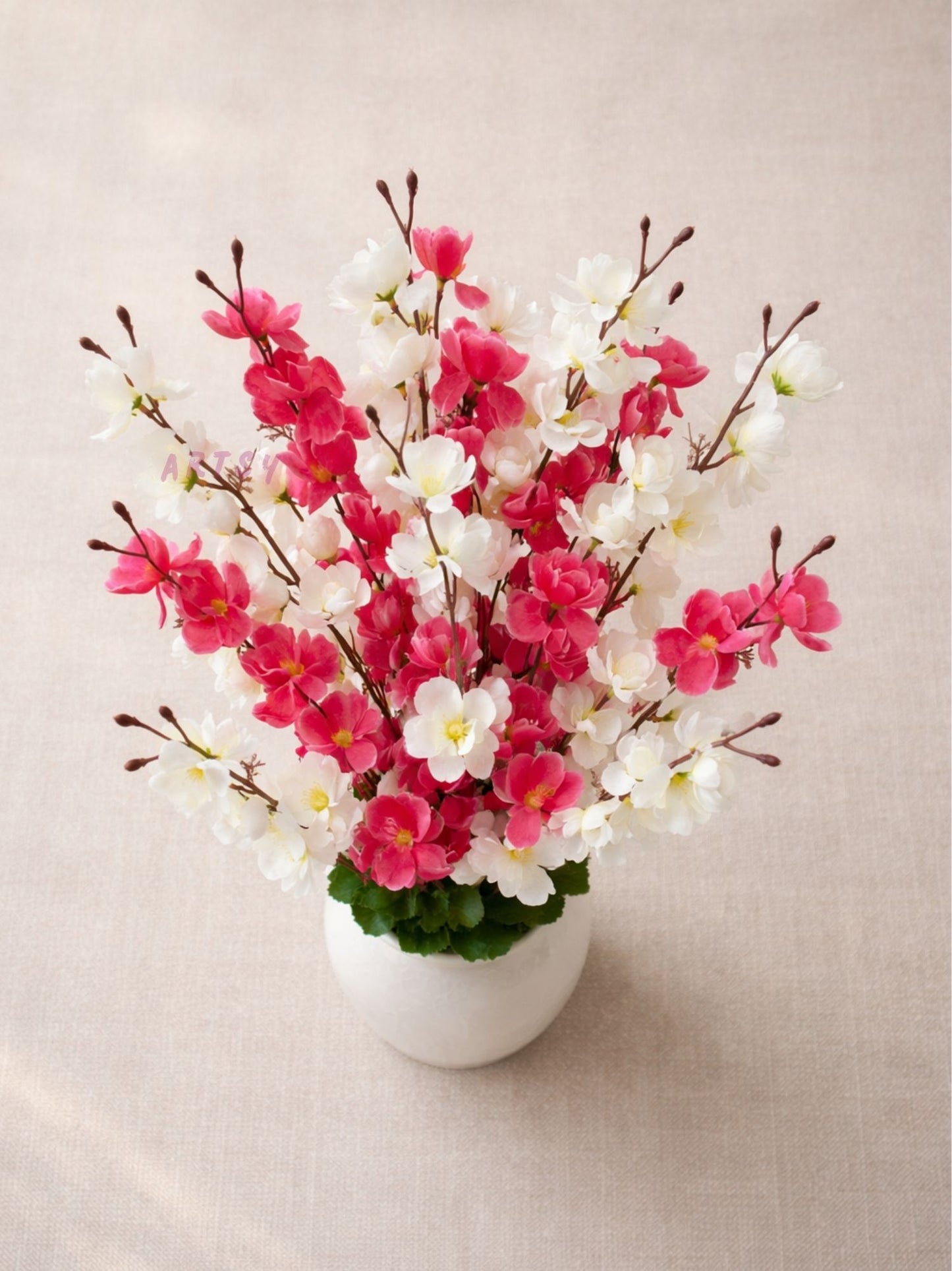 Elegant Sakura Blossom Artificial Flower Stem for Home & Table Decor | Premium Pink & White Floral Branch | 55 CM