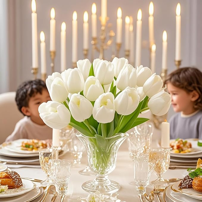 ARTSY® Artificial Tulip Flowers Bunch – Set of 5 Faux Flower Stems | Ideal for Living Room, Centerpiece, Gifting, craft, Real Touch Flower Bunch for Vase Decor, Home Styling, Events, White