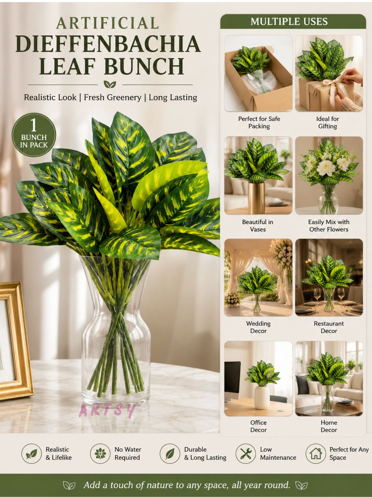 ARTSY Artificial Plant Bunch for Home Decor | Realistic Faux Leaves Arrangement for Living Room, Office & Table Decoration