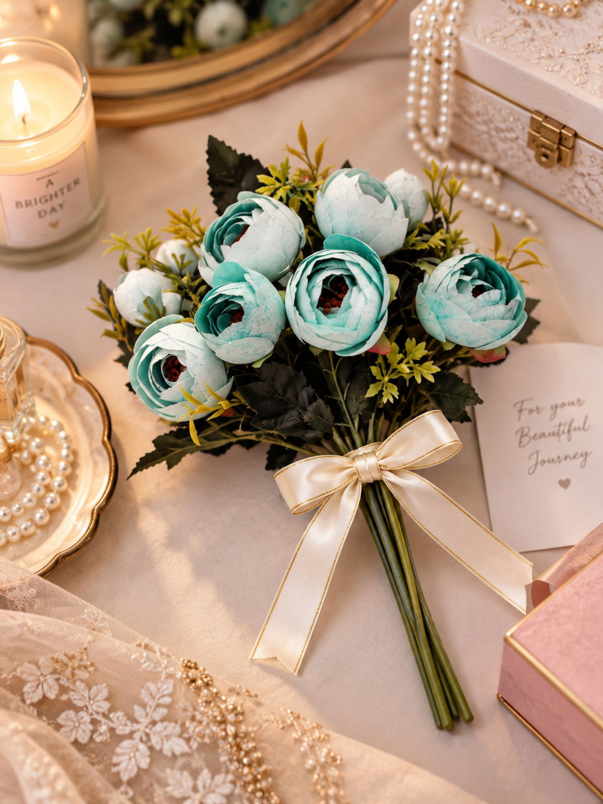 ARTSY Artificial Ranunculus Flower Bunch – White & Turquoise, 1 Pc